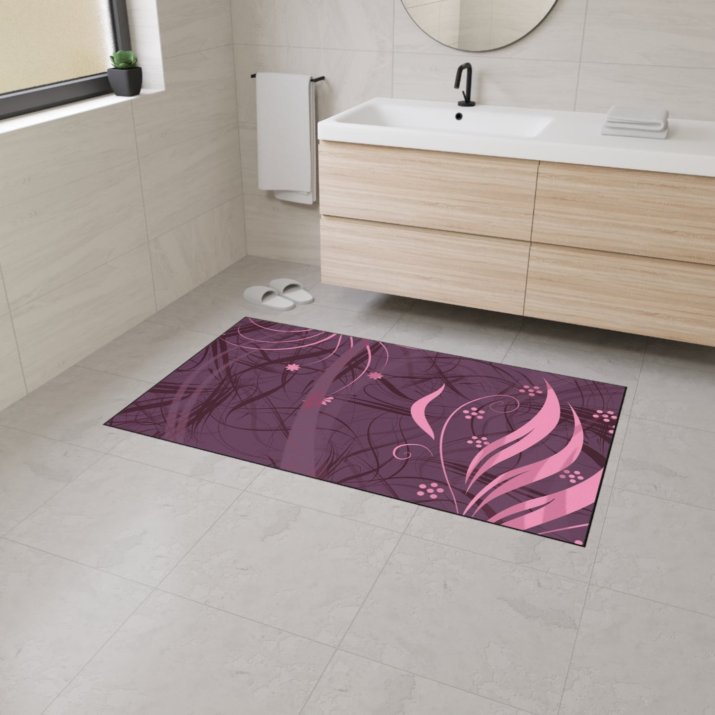 Floral Plum Heavy-Duty Floor Mat — Pink Swirl Entrance Rug