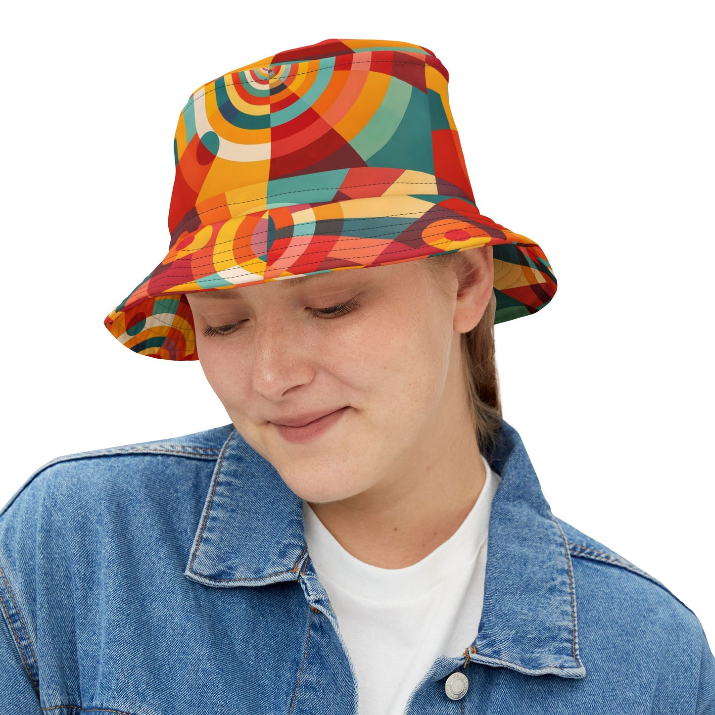 Retro Geometric Bucket Hat — Colorful 70s-Inspired Abstract Print
