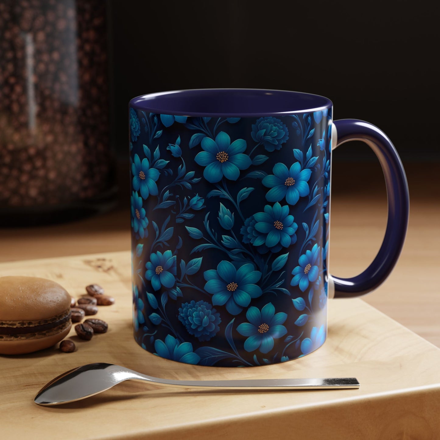 Floral Accent Coffee Mug, Blue Flower Mug, Ceramic Coffee Cup, Gift for Her, Nature-Themed Drinkware, Floral Home Decor, Unique Mug