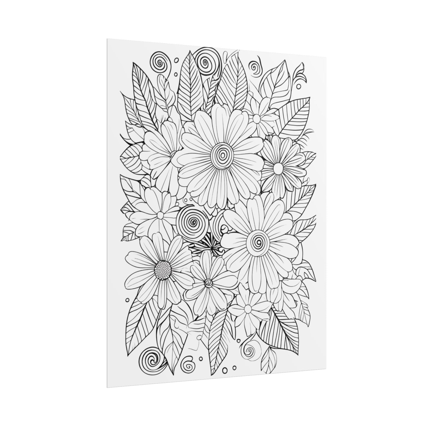 Floral Coloring Poster — Rolled Black & White Doodle Print for Adults, DIY Wall Art