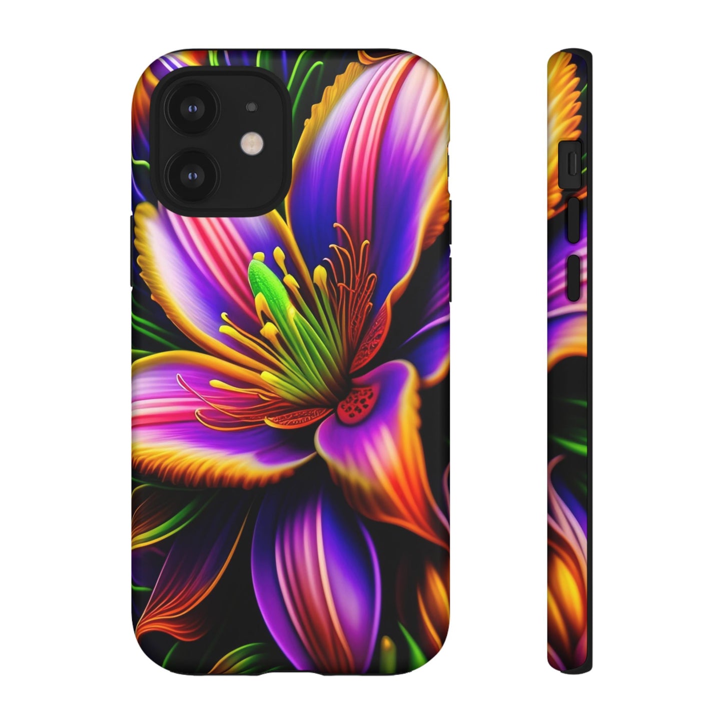 Floral Neon Tough Phone Case — Vivid Purple & Orange Lily Protective Cover