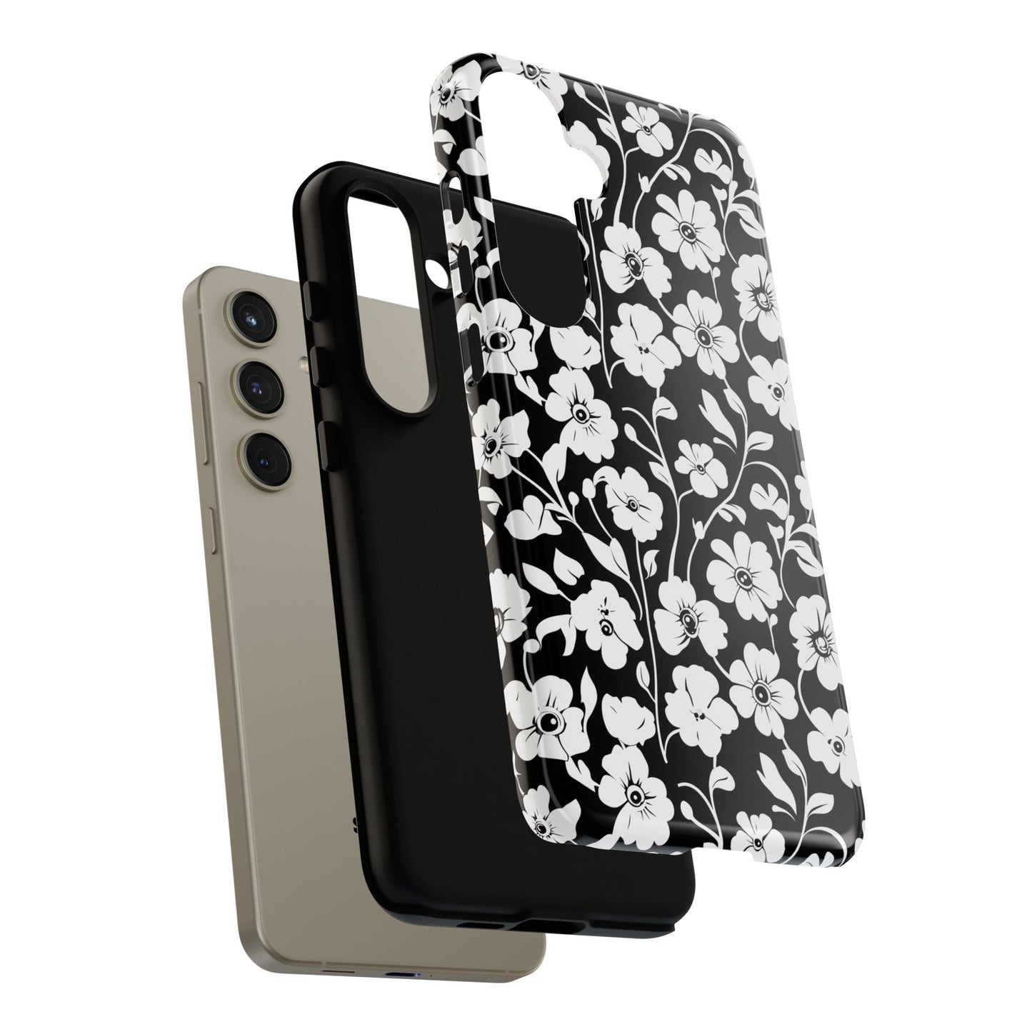 Floral Noir Tough Phone Case — Black & White Flower Protective Cover