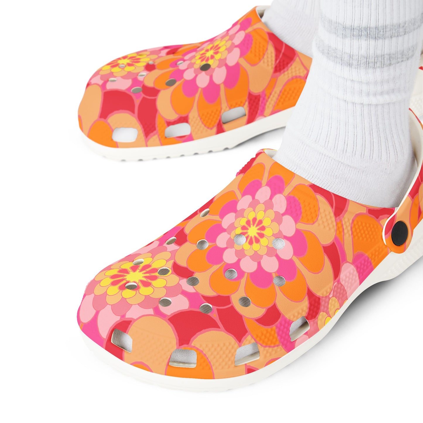 Floral Retro Foam Clogs — Pink Orange Psychedelic Garden Slip-Ons