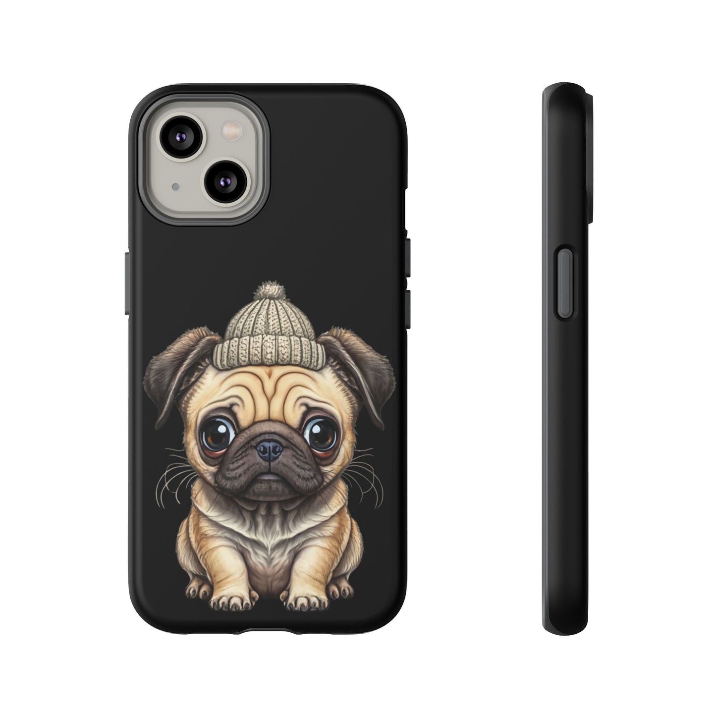 Pug Phone Case – Cute Pug Puppy Illustration on Black Tough Case