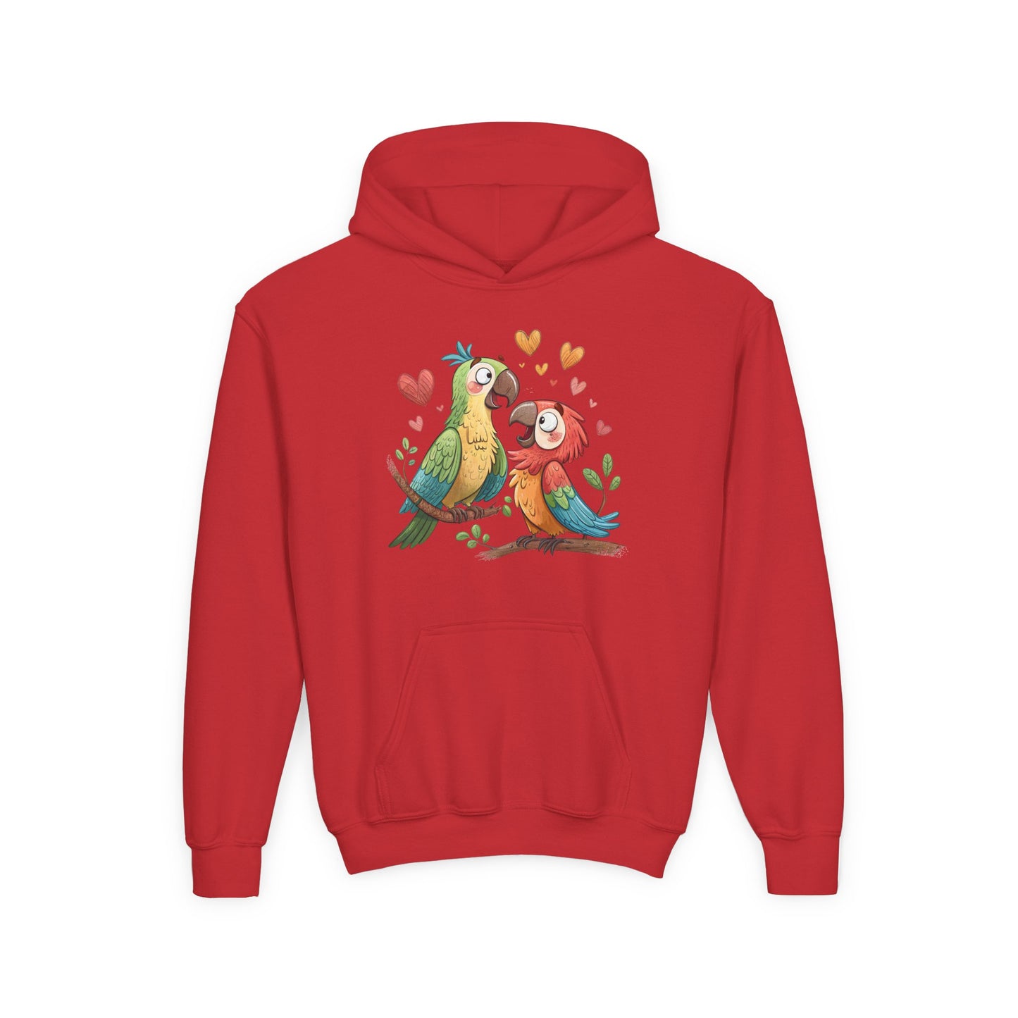 Youth Hoodie — Cute Parrot Couple Illustration (Hearts, Kids Pullover)