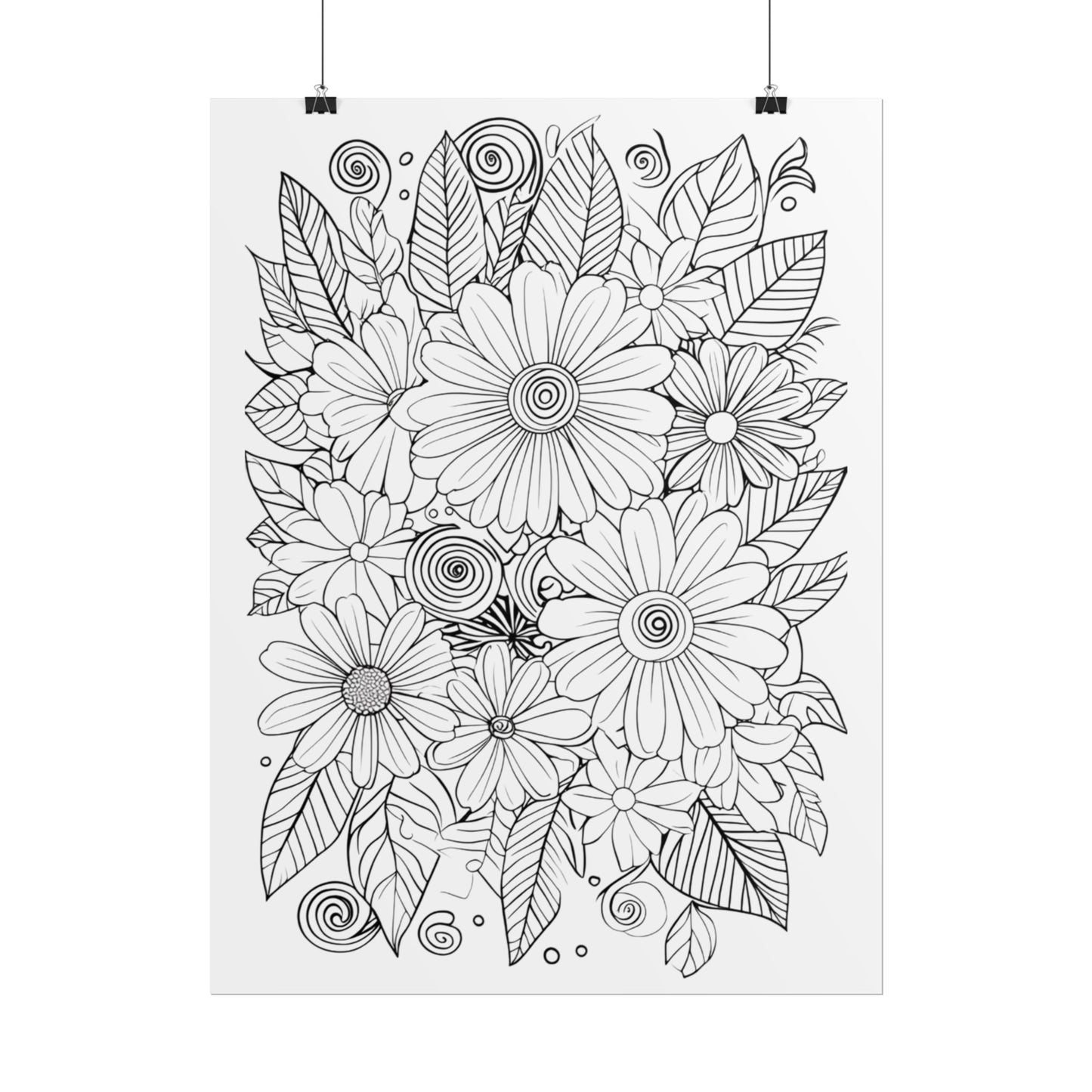 Floral Coloring Poster — Rolled Black & White Doodle Print for Adults, DIY Wall Art