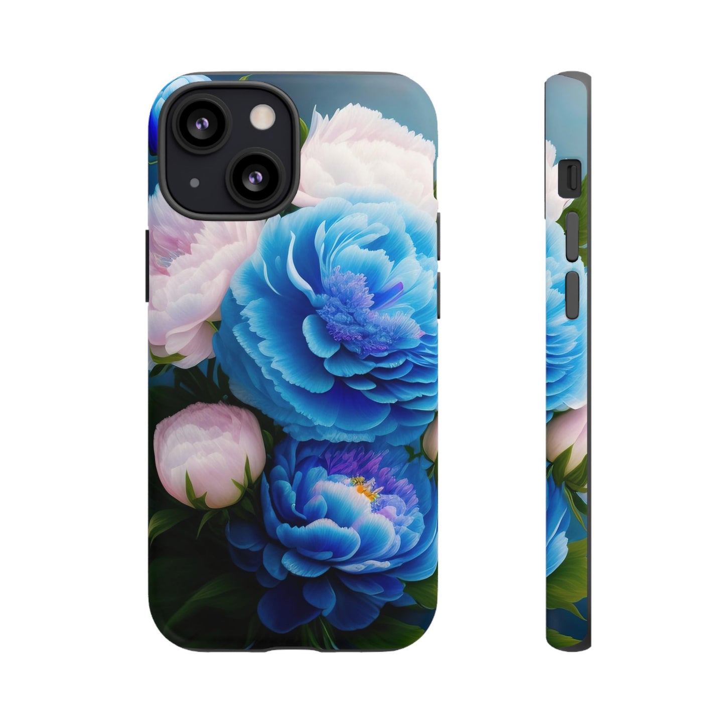 Floral Blue Peony Phone Case — Protective Tough Case with Pink & Blue Blooms