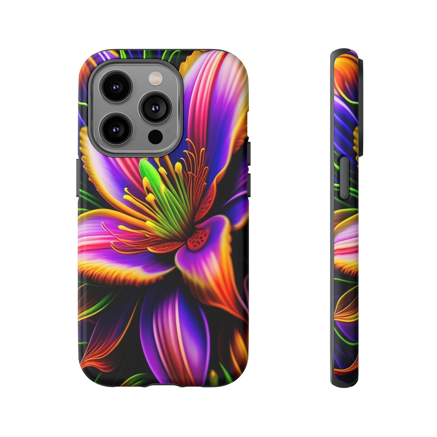 Floral Neon Tough Phone Case — Vivid Purple & Orange Lily Protective Cover