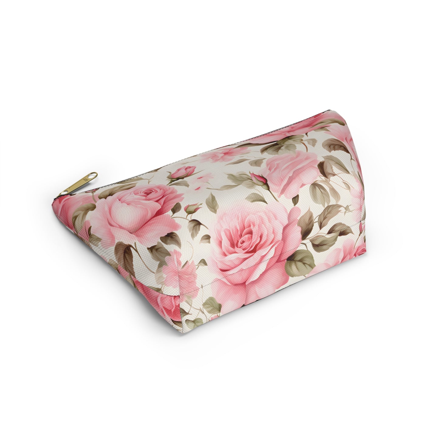 Floral Rose Accessory Pouch - Pink Vintage Cosmetic Bag with T-Bottom