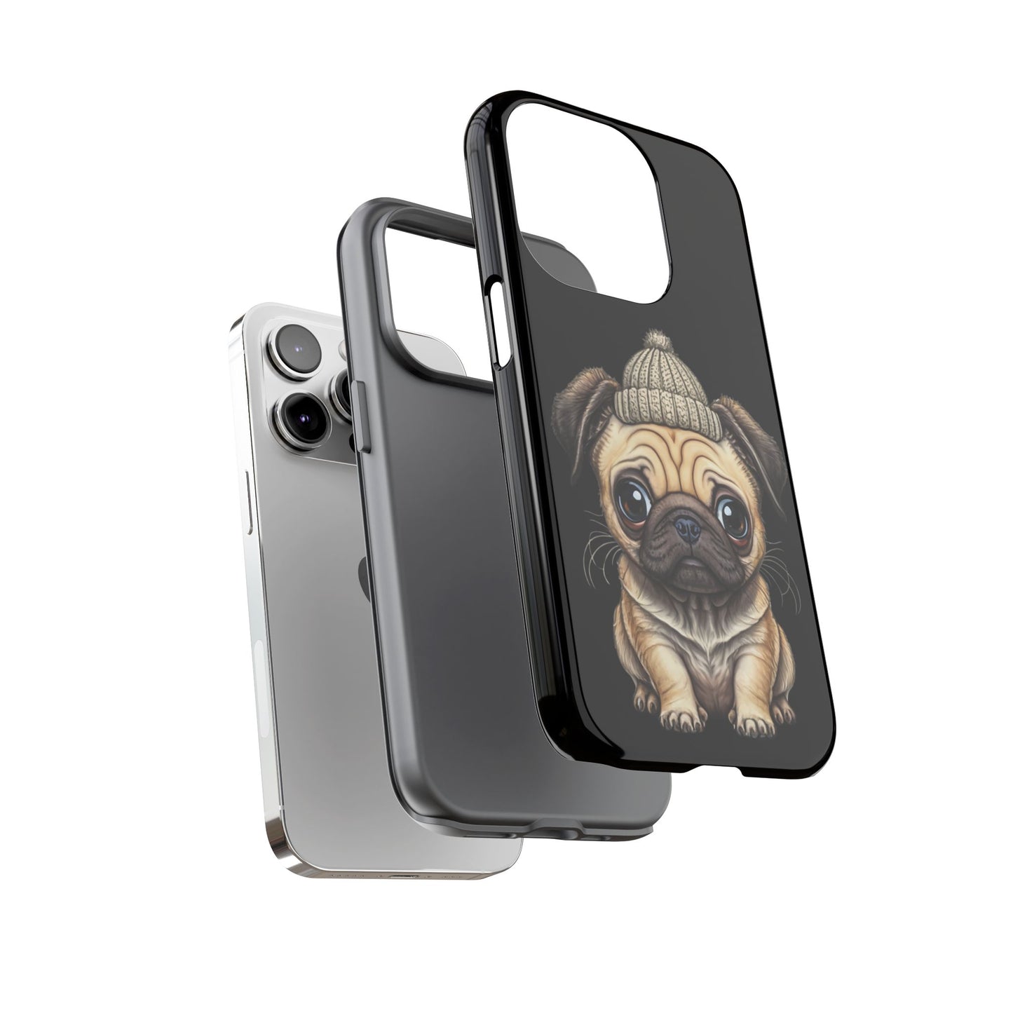 Pug Phone Case – Cute Pug Puppy Illustration on Black Tough Case