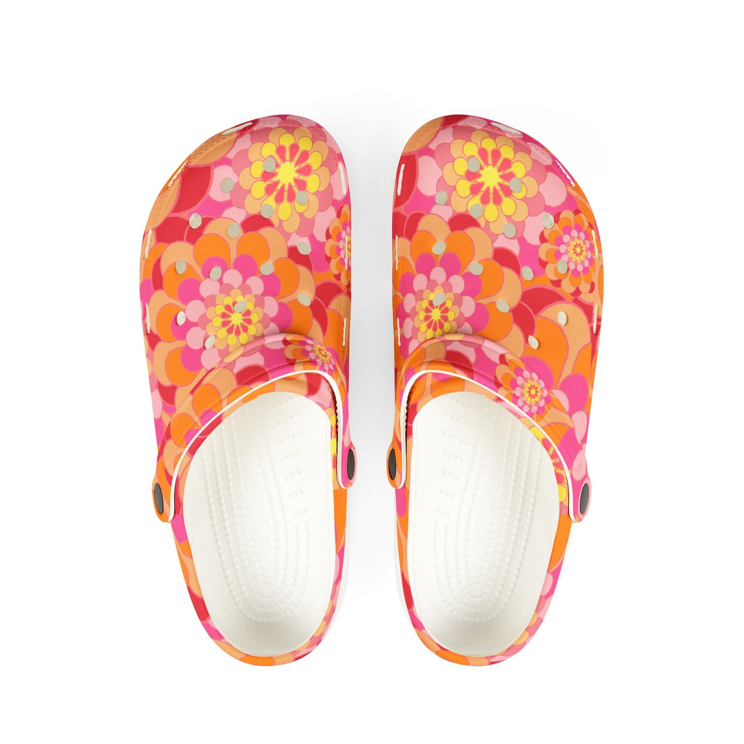Floral Retro Foam Clogs — Pink Orange Psychedelic Garden Slip-Ons