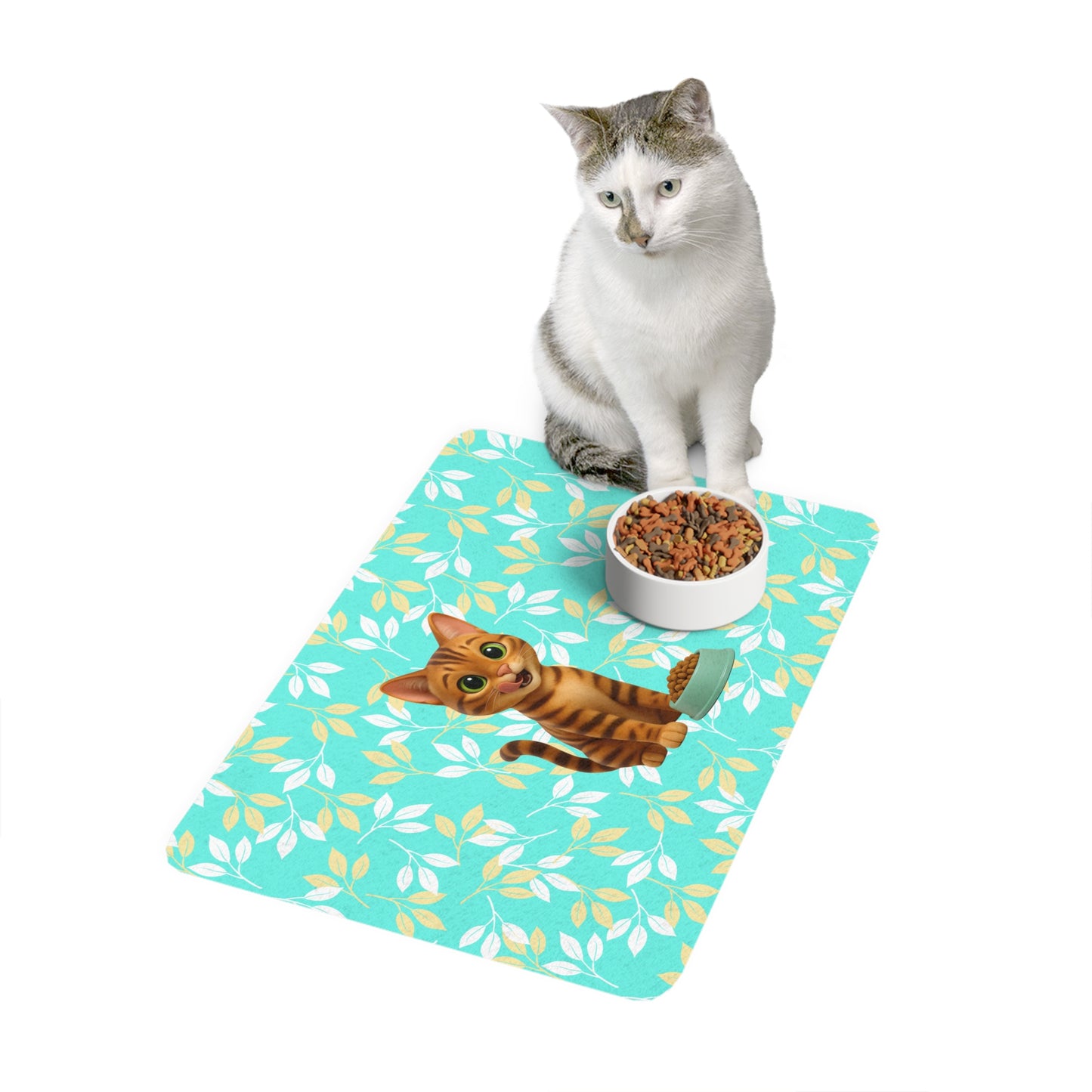 Cute Tabby Cat Pet Food Mat (12x18) — Non-Slip Feeding Placemat with Teal Leaf Pattern