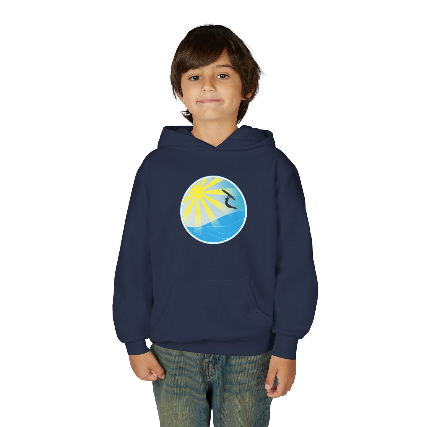 Sunrise Surf Circle Youth Hoodie | Surfing Wave Graphic