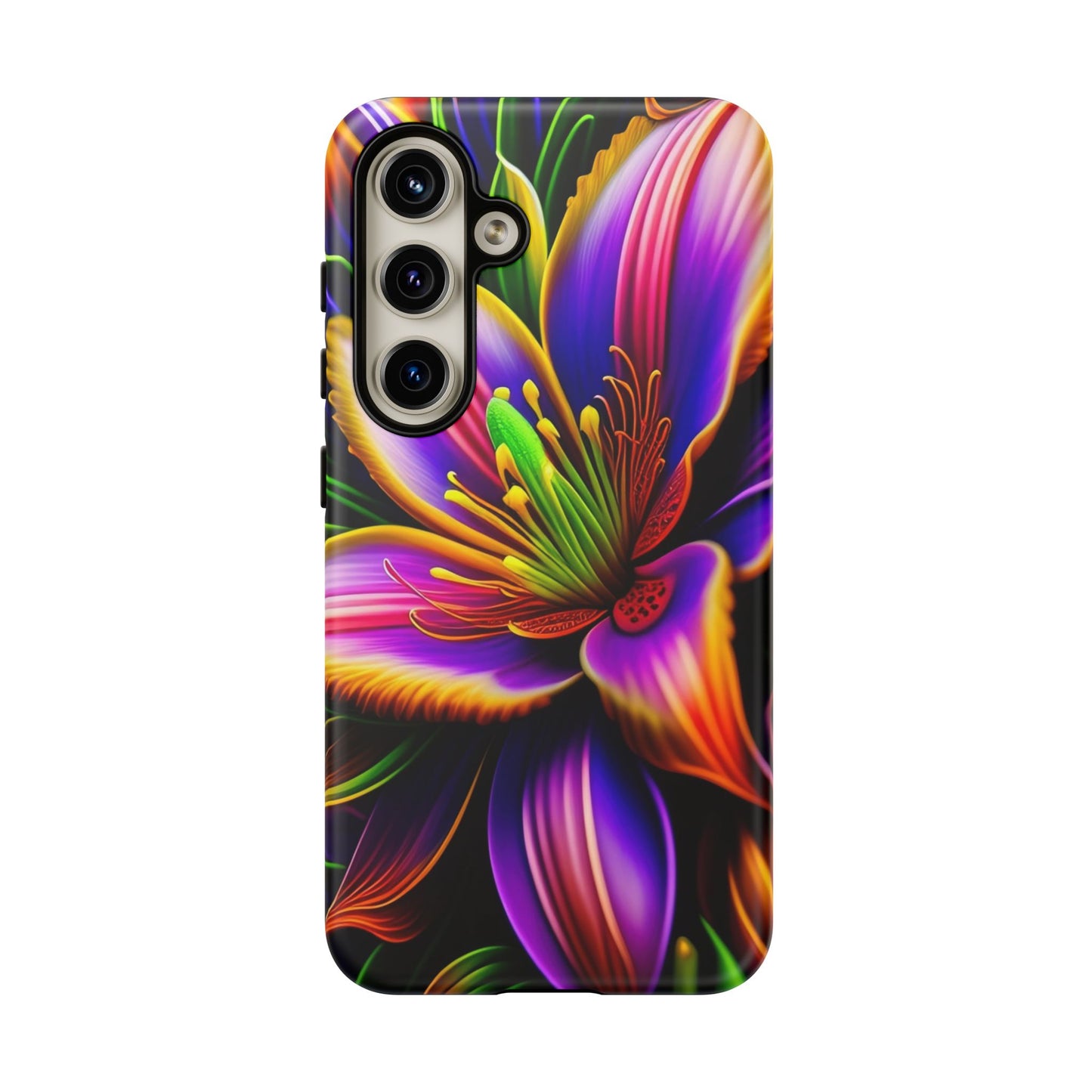 Floral Neon Tough Phone Case — Vivid Purple & Orange Lily Protective Cover