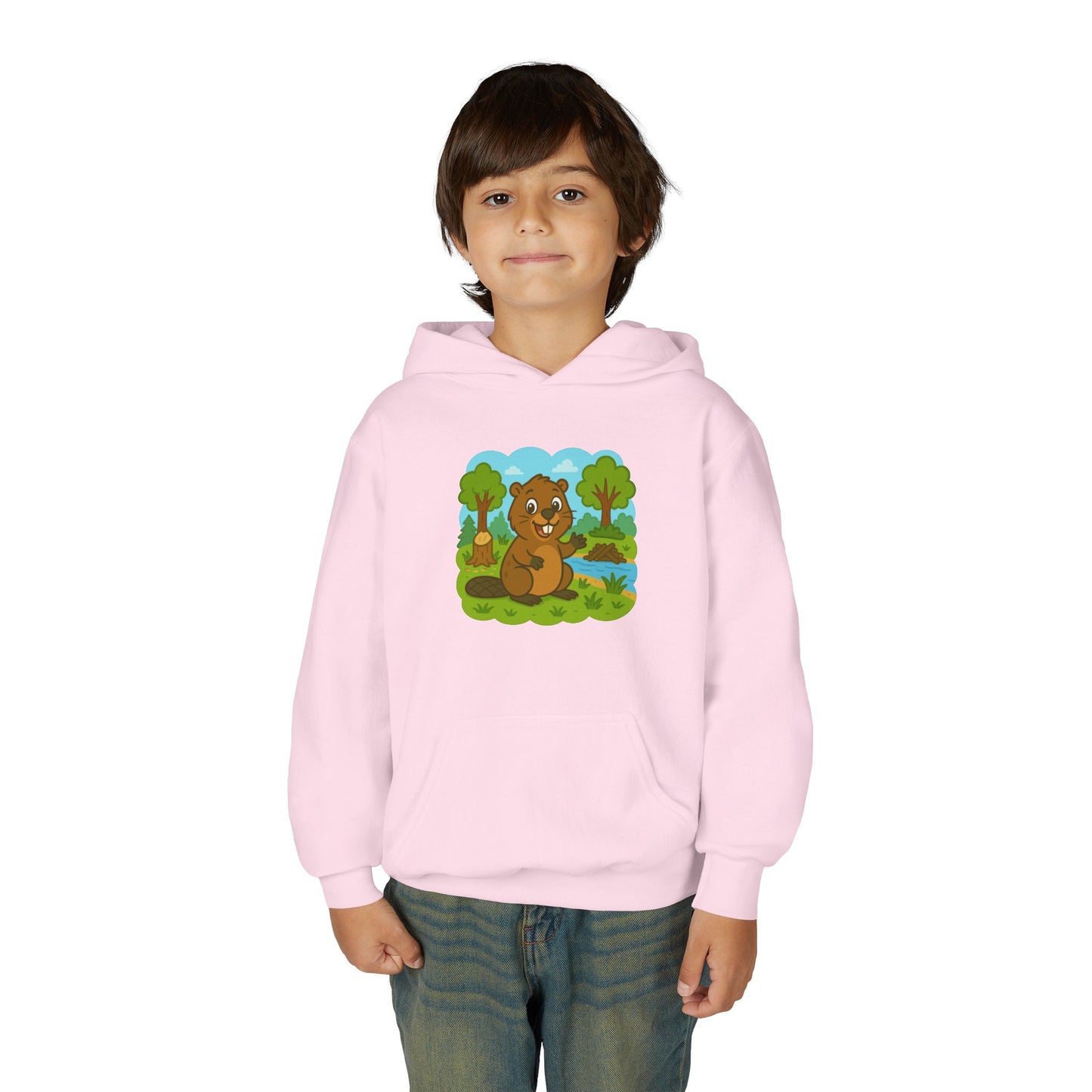 Cartoon Beaver Forest Scene Youth Hoodie | Woodland Animal Kids Sweatshirt