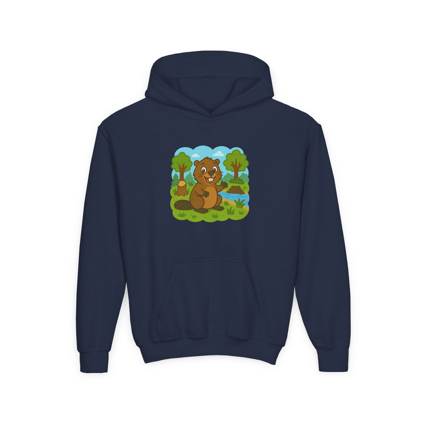 Cartoon Beaver Forest Scene Youth Hoodie | Woodland Animal Kids Sweatshirt