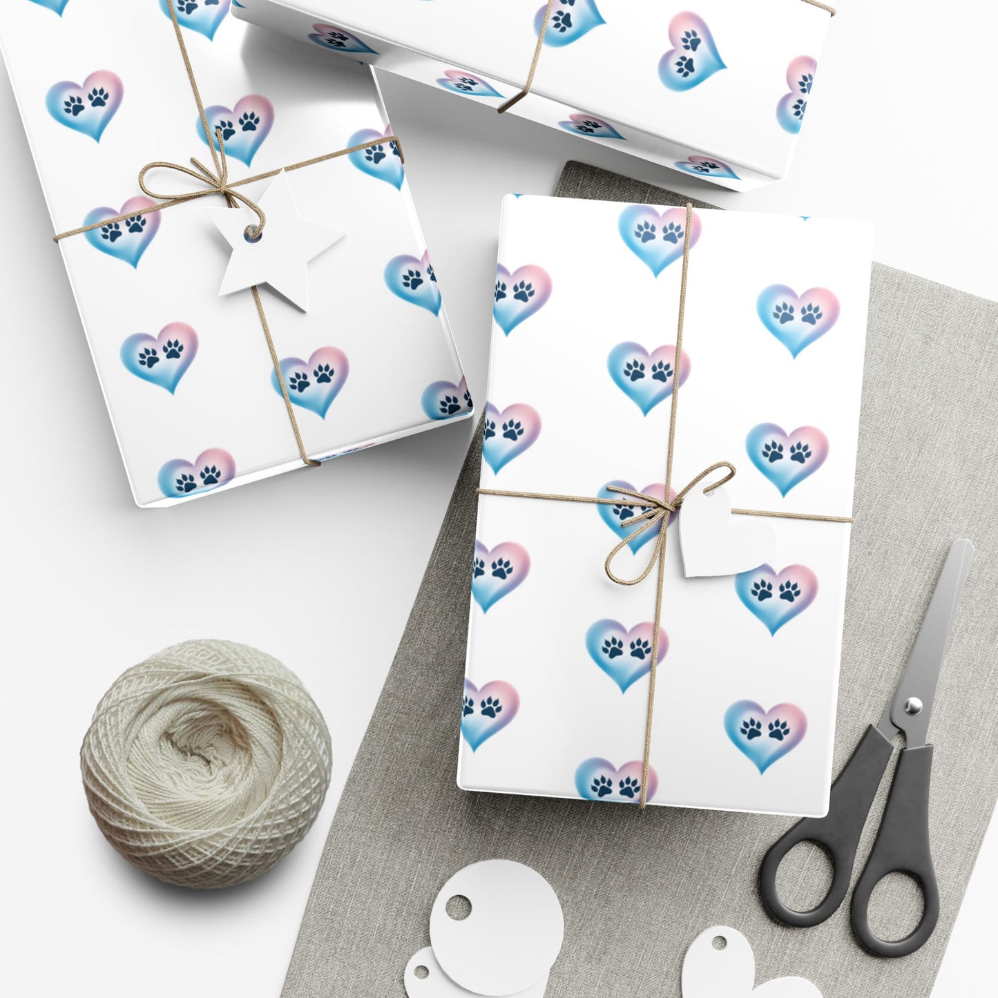 Gift Wrap Paper — Cute Blue-Pink Paw Heart Pattern (Pet Lover Wrapping Paper)