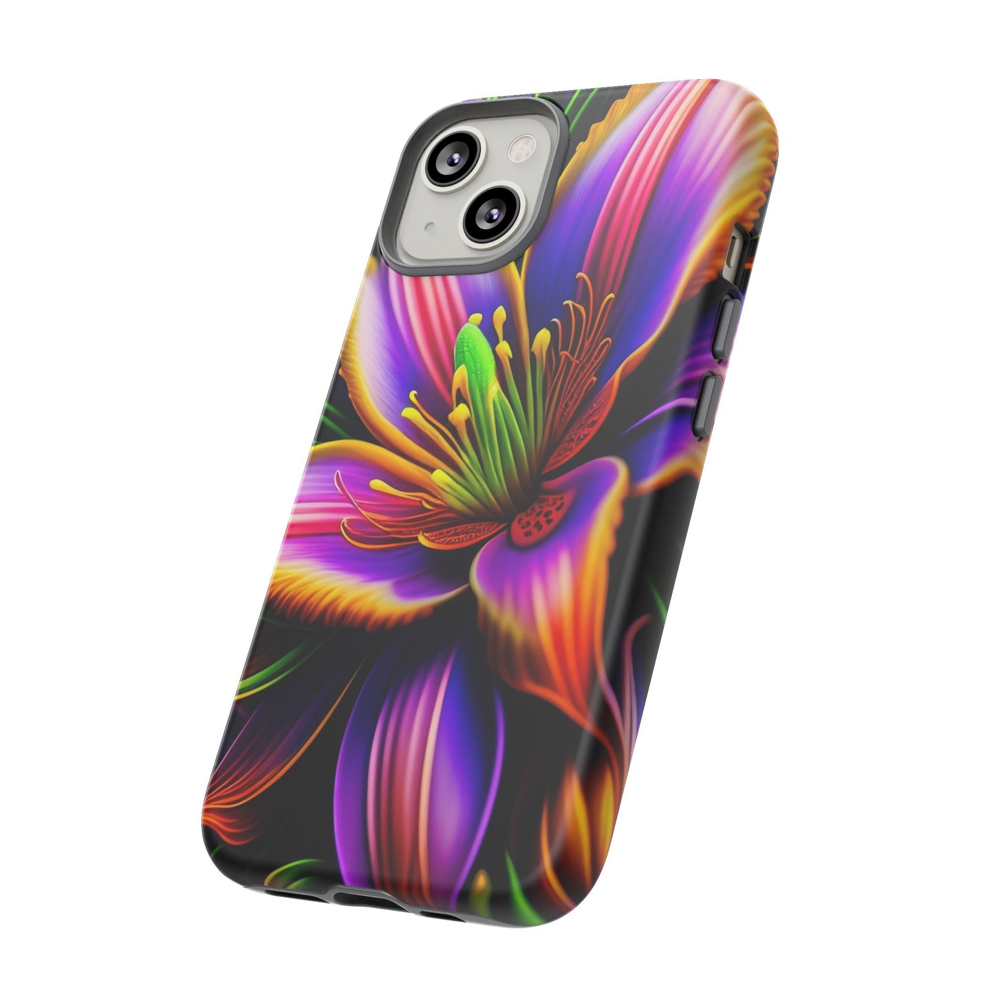 Floral Neon Tough Phone Case — Vivid Purple & Orange Lily Protective Cover