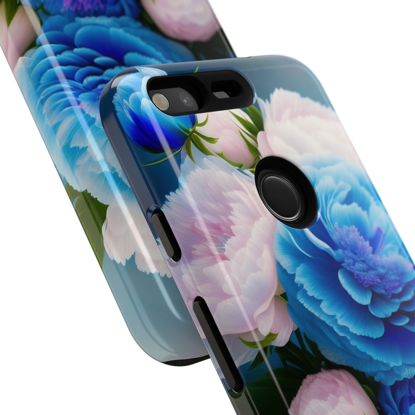 Floral Blue Peony Phone Case — Protective Tough Case with Pink & Blue Blooms