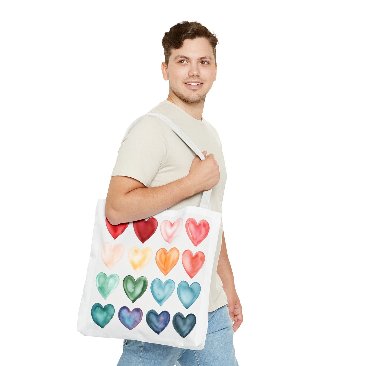 Watercolor Rainbow Hearts Tote Bag — Colorful Heart Pattern Beach & Market Tote
