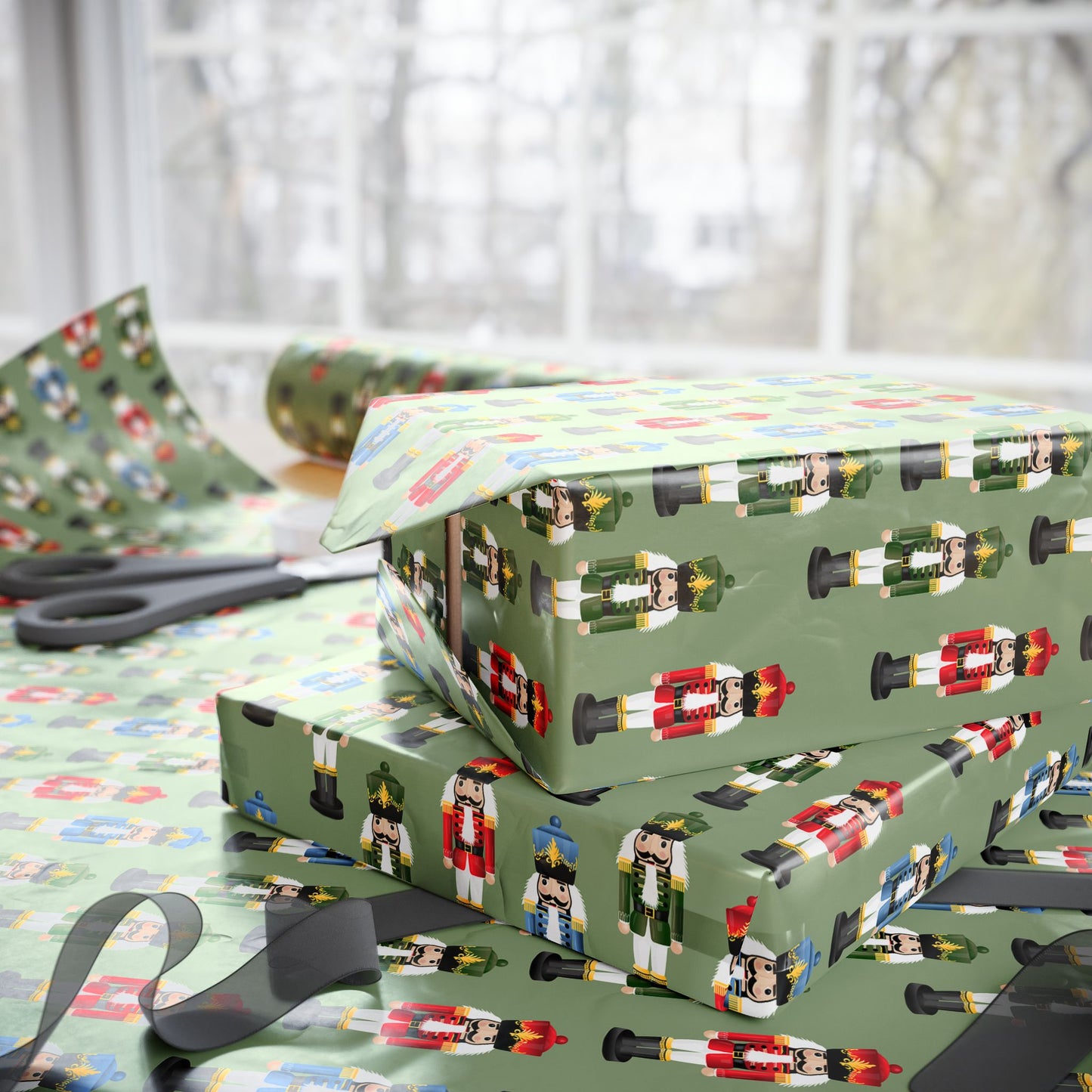 Nutcracker Pattern Wrapping Paper Roll — Festive Green Holiday Gift Wrap