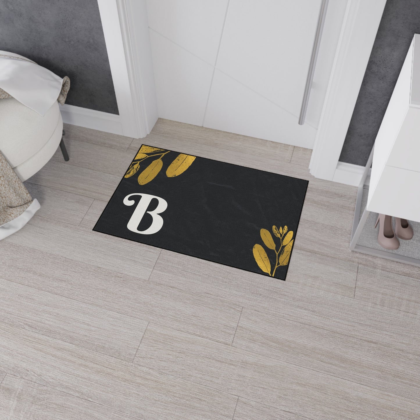 Monogram B Heavy Duty Floor Mat — Black & Gold Botanical Doormat