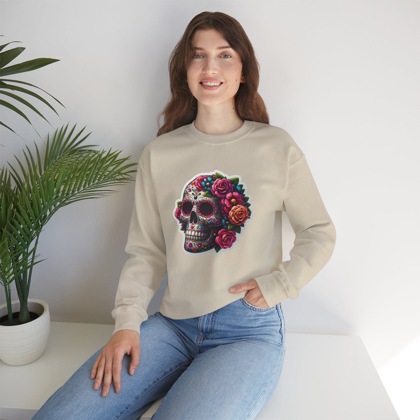 Sugar Skull Crewneck Sweatshirt — Floral Day of the Dead Graphic