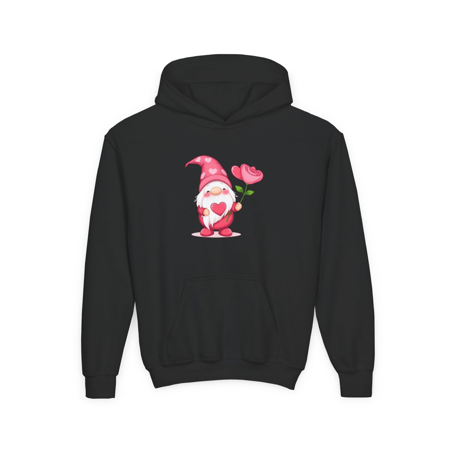 Valentine Gnome Kids Hoodie — Cute Pink Gnome Holding Rose Youth Sweatshirt