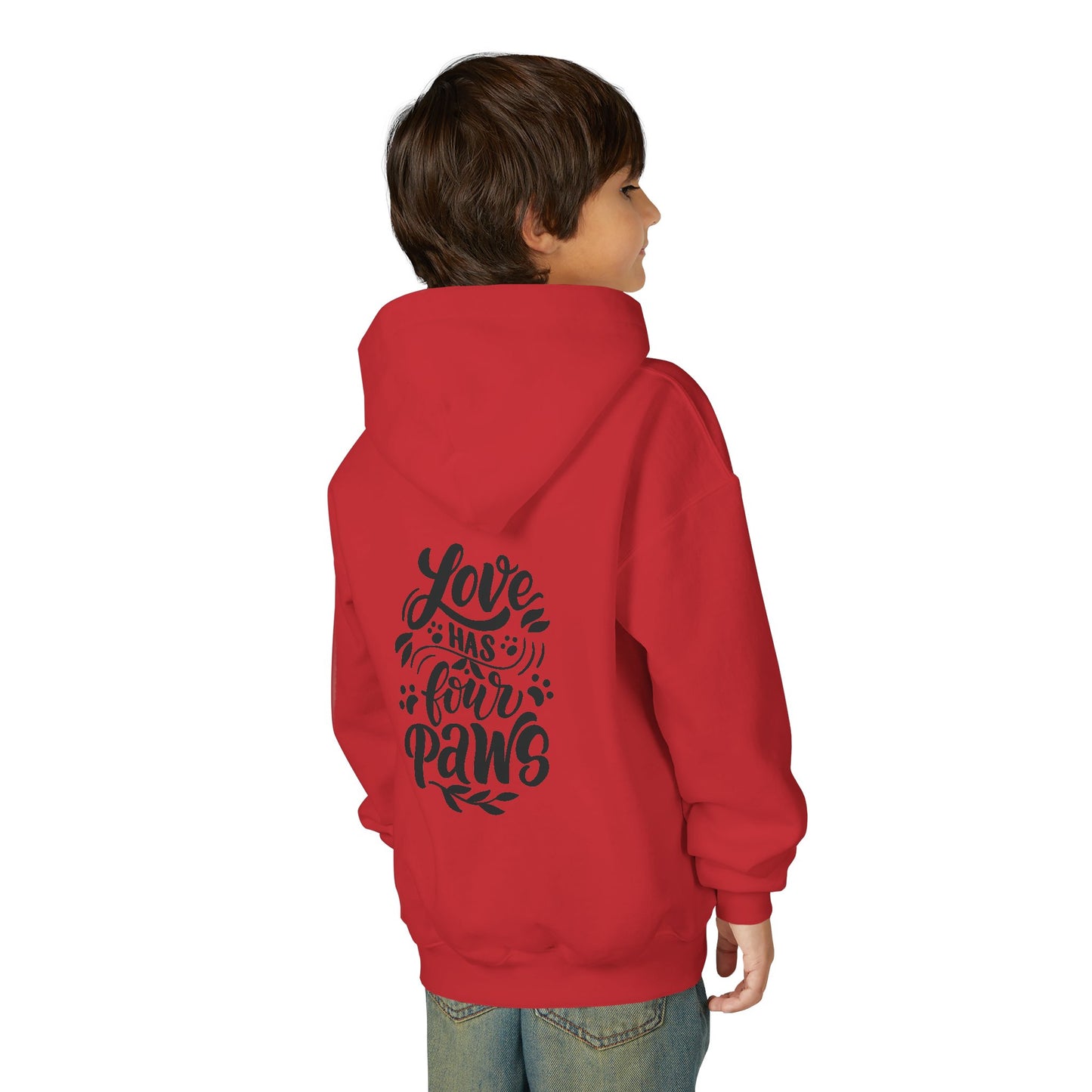 Youth Hoodie — Cute Black Shih Tzu with “Love Has Four Paws” Back Print