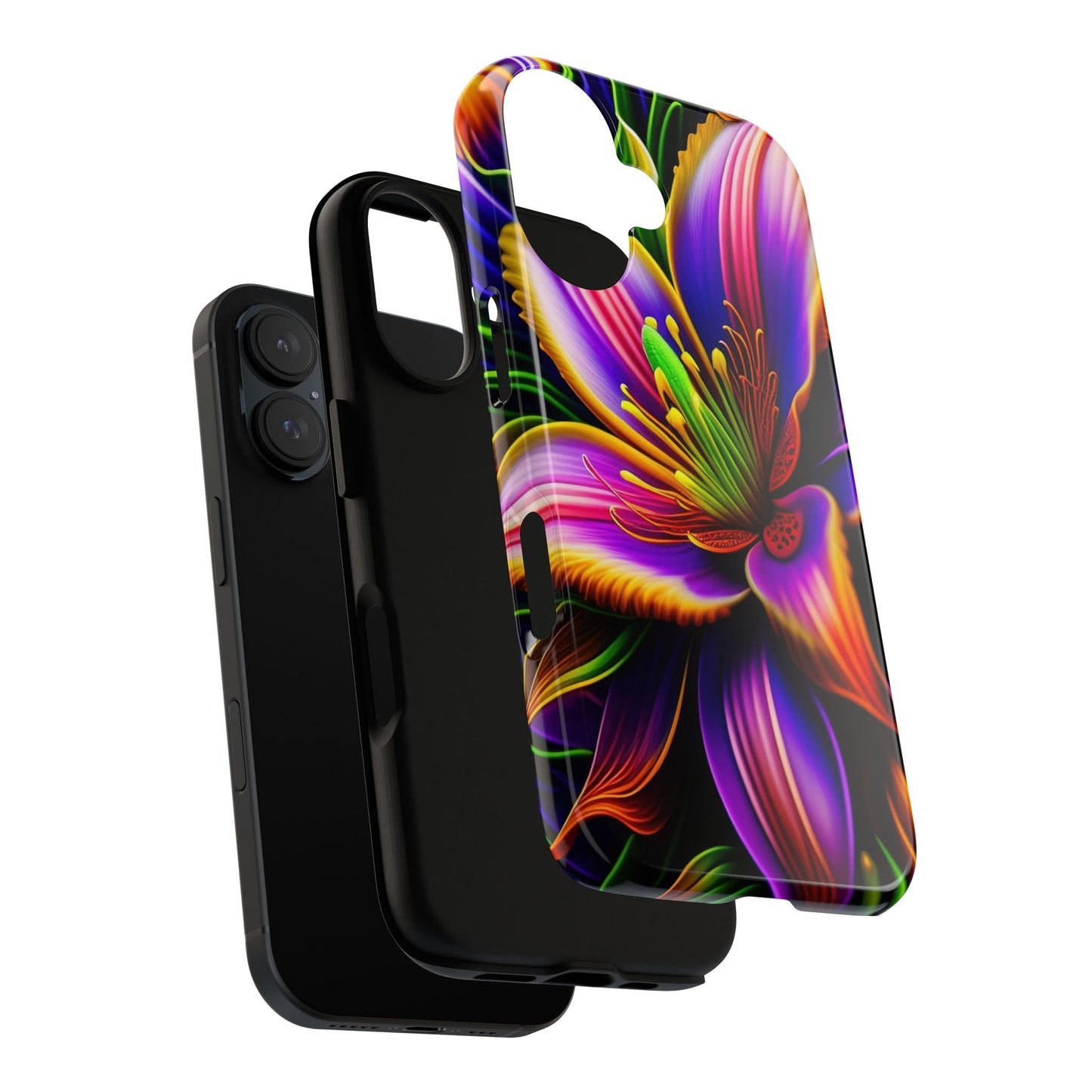 Floral Neon Tough Phone Case — Vivid Purple & Orange Lily Protective Cover