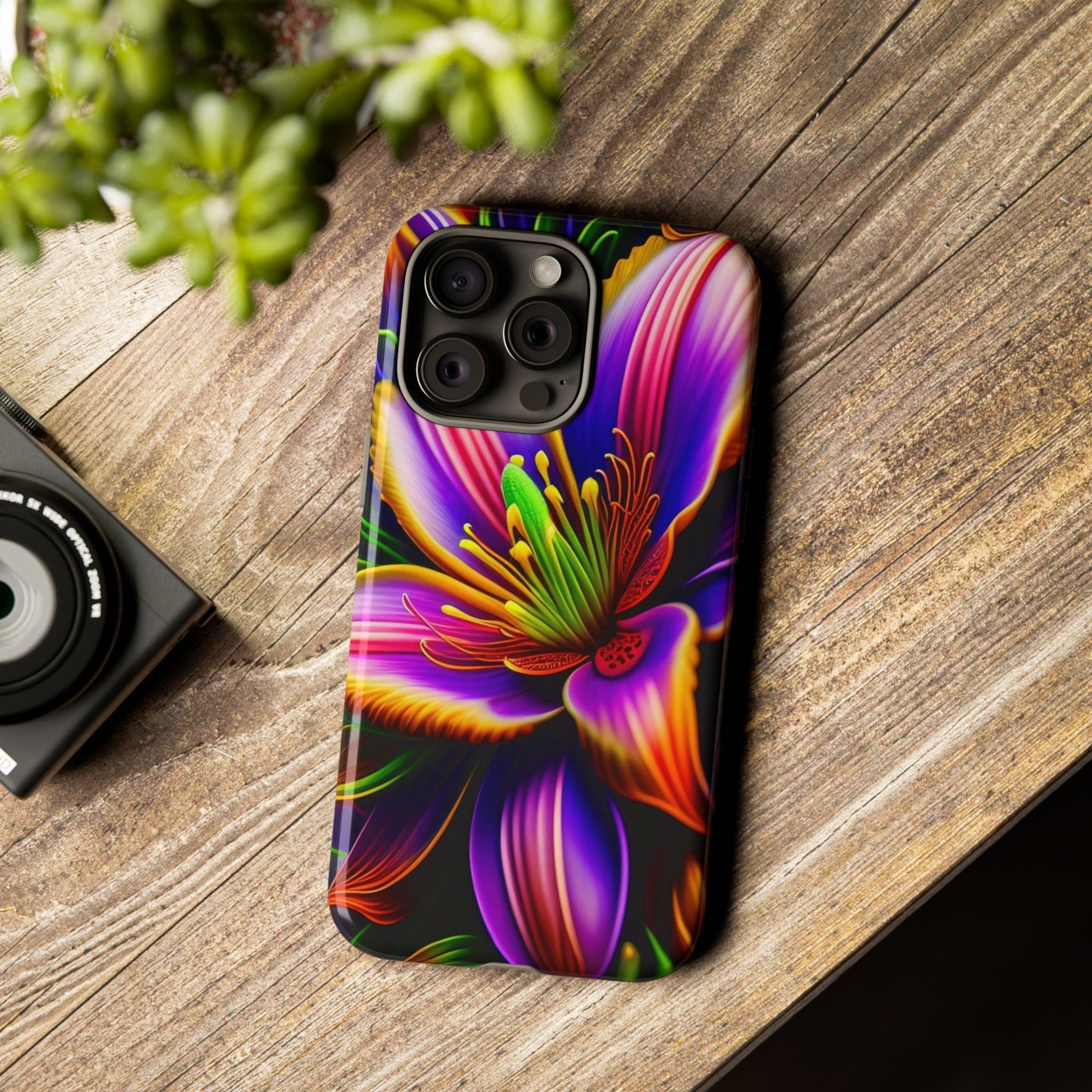 Floral Neon Tough Phone Case — Vivid Purple & Orange Lily Protective Cover
