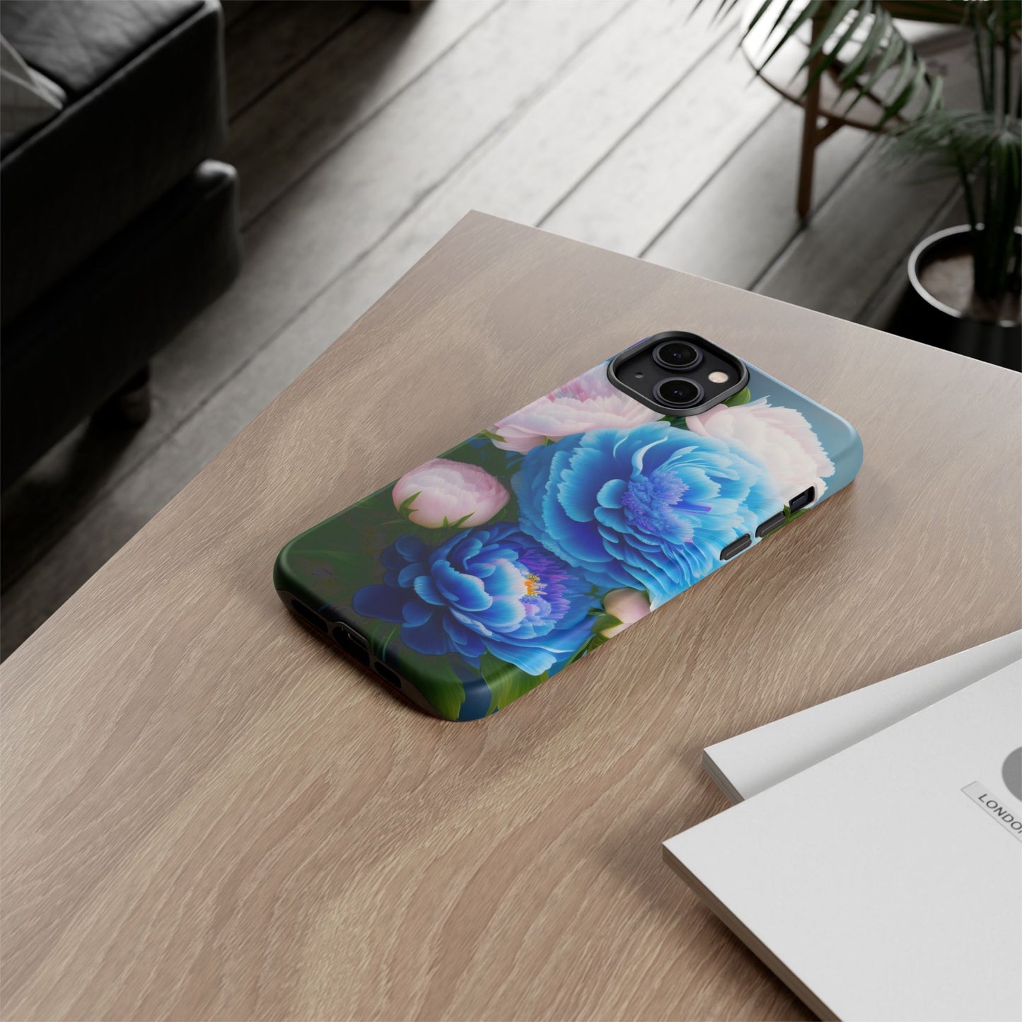 Floral Blue Peony Phone Case — Protective Tough Case with Pink & Blue Blooms