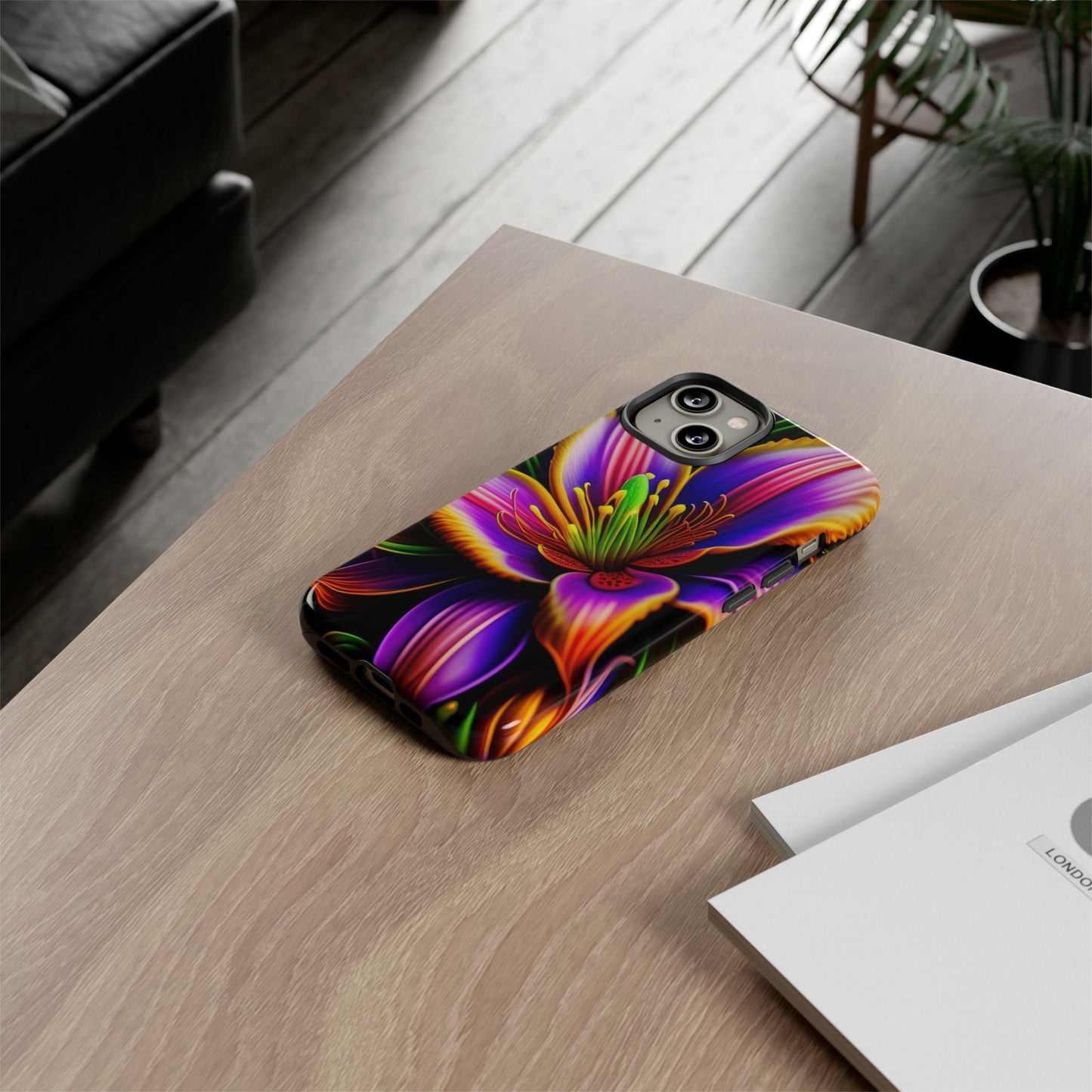 Floral Neon Tough Phone Case — Vivid Purple & Orange Lily Protective Cover