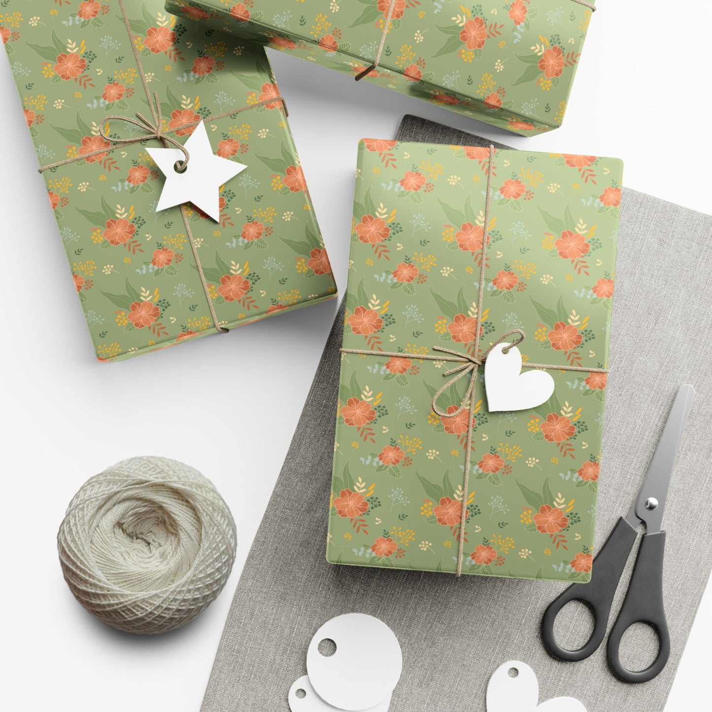 Gift Wrap Paper — Vintage Green Floral Pattern, Rose Bouquet Wrapping Sheets