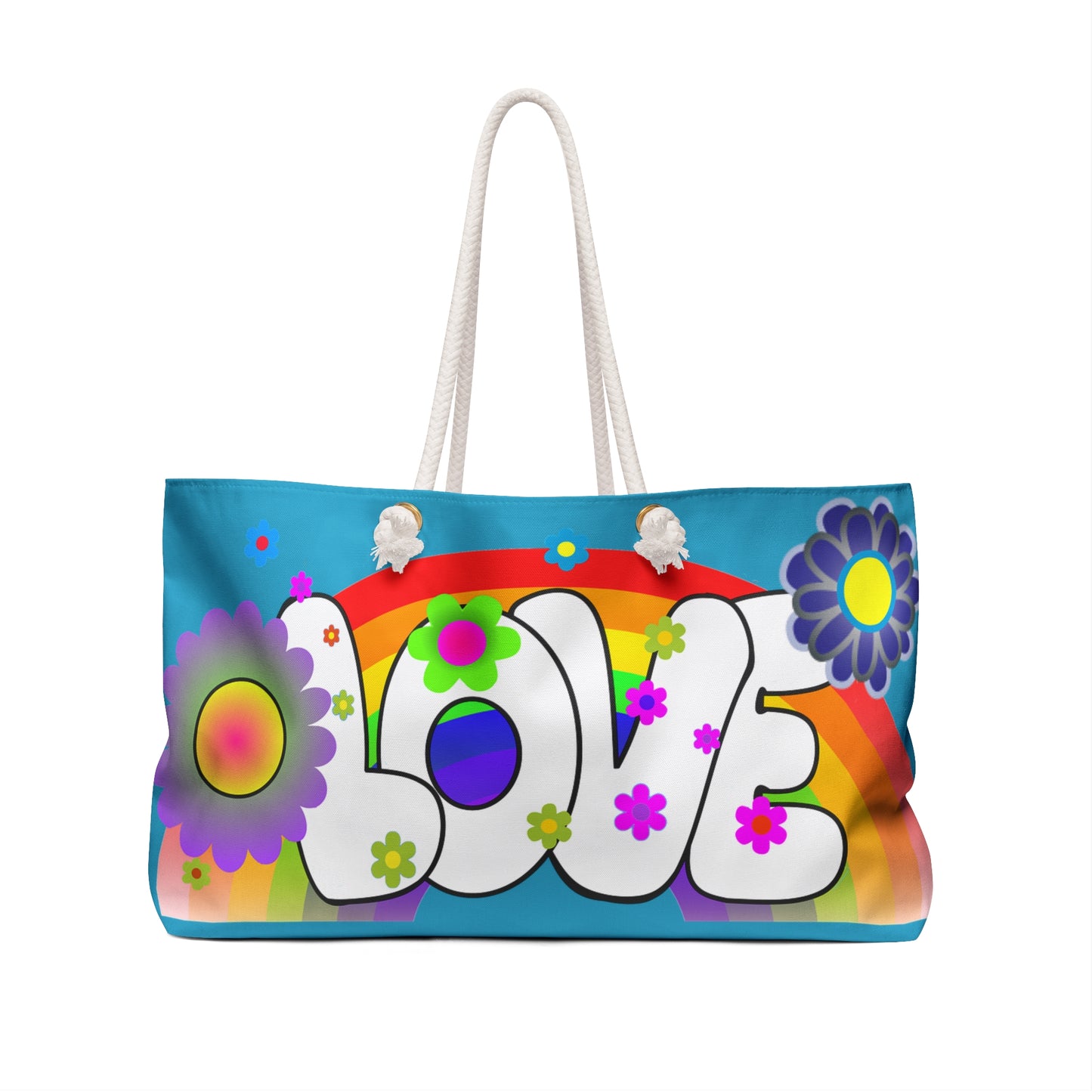 Love Rainbow Weekender Bag — Colorful 70s Floral Travel Tote