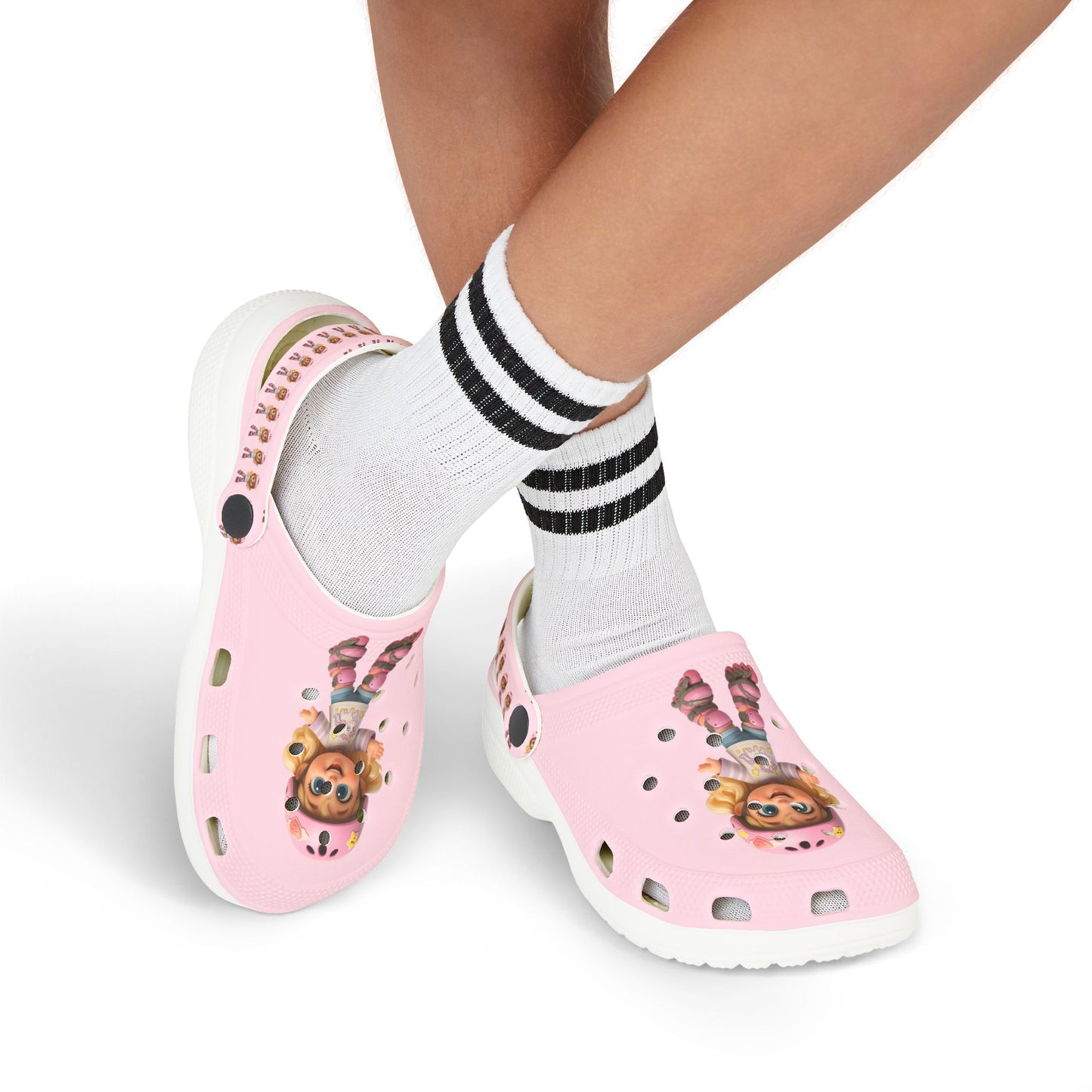 Kids Pink Character EVA Clogs — Cute Roller Girl Graphic