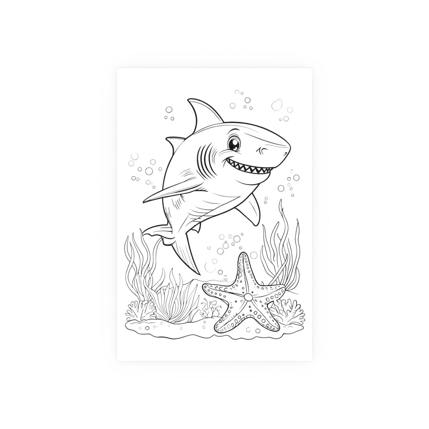Cute Shark Coloring Poster — Satin & Archival Matte Ocean Print for Kids’ Rooms