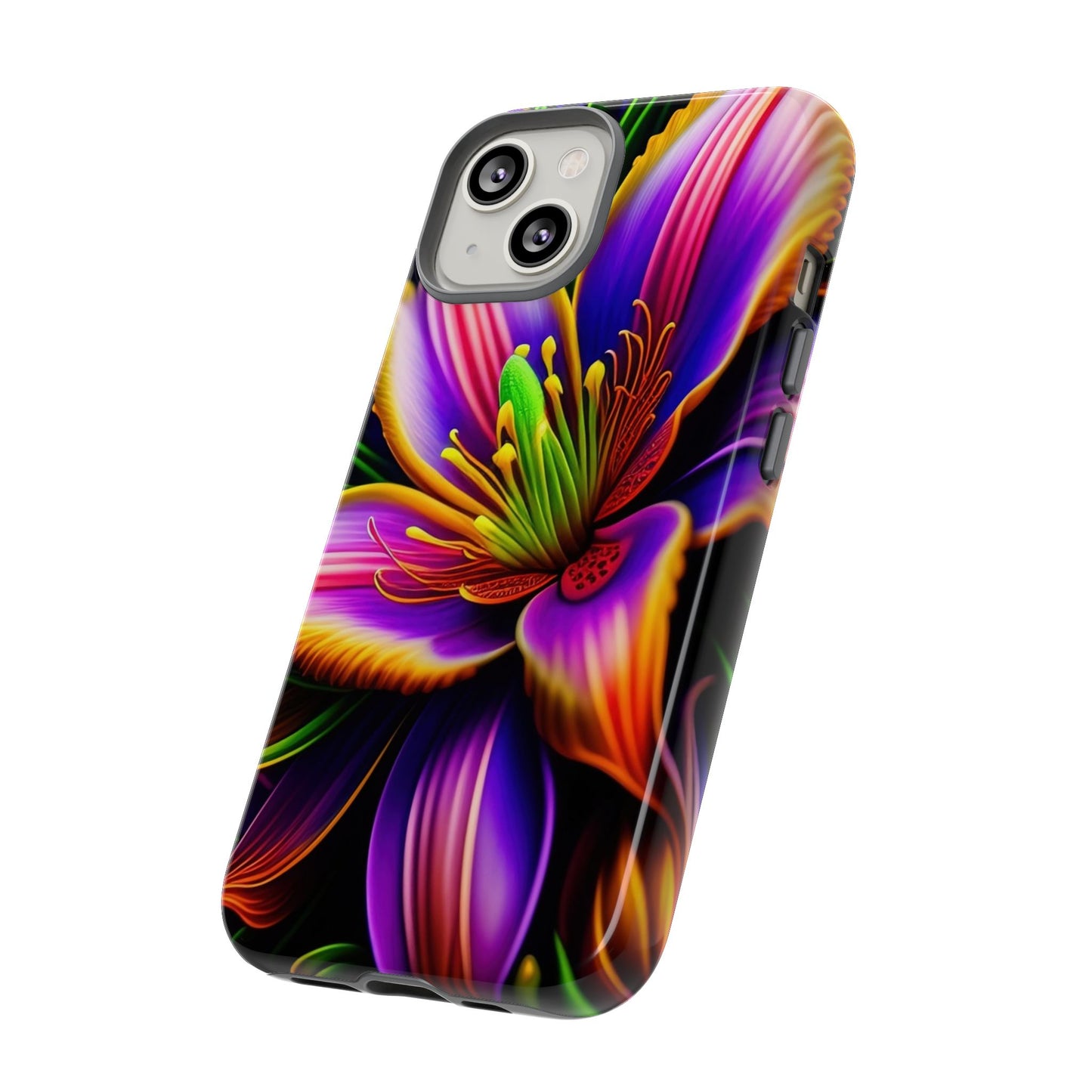 Floral Neon Tough Phone Case — Vivid Purple & Orange Lily Protective Cover