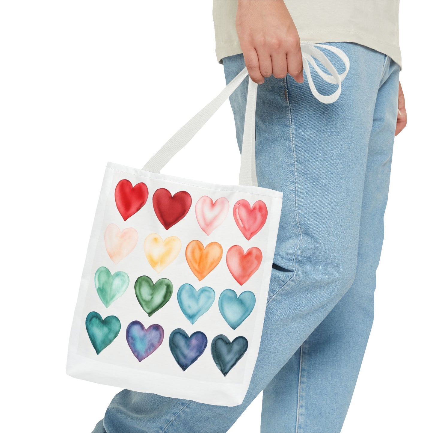 Watercolor Rainbow Hearts Tote Bag — Colorful Heart Pattern Beach & Market Tote