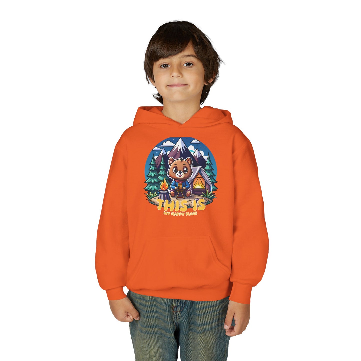 Youth Bear Camping Hoodie — "This is My Happy Place" Cozy Kid’s Outdoor Sweatshirt