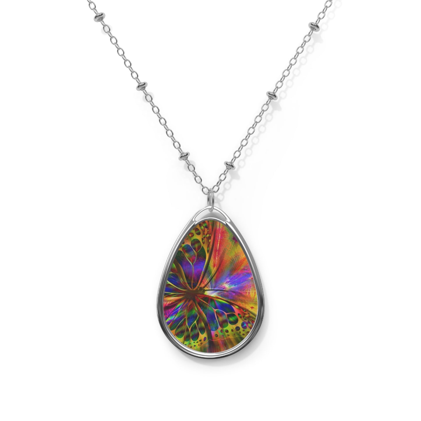Colorful Butterfly Oval Necklace Bohemian Jewelry, Nature-Inspired Jewelry