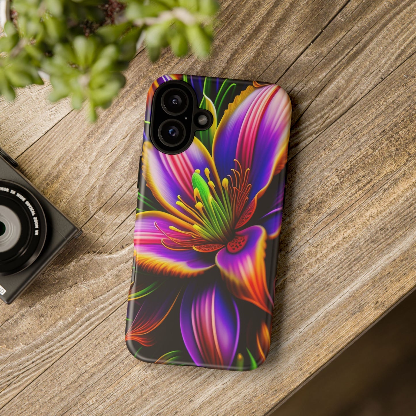 Floral Neon Tough Phone Case — Vivid Purple & Orange Lily Protective Cover