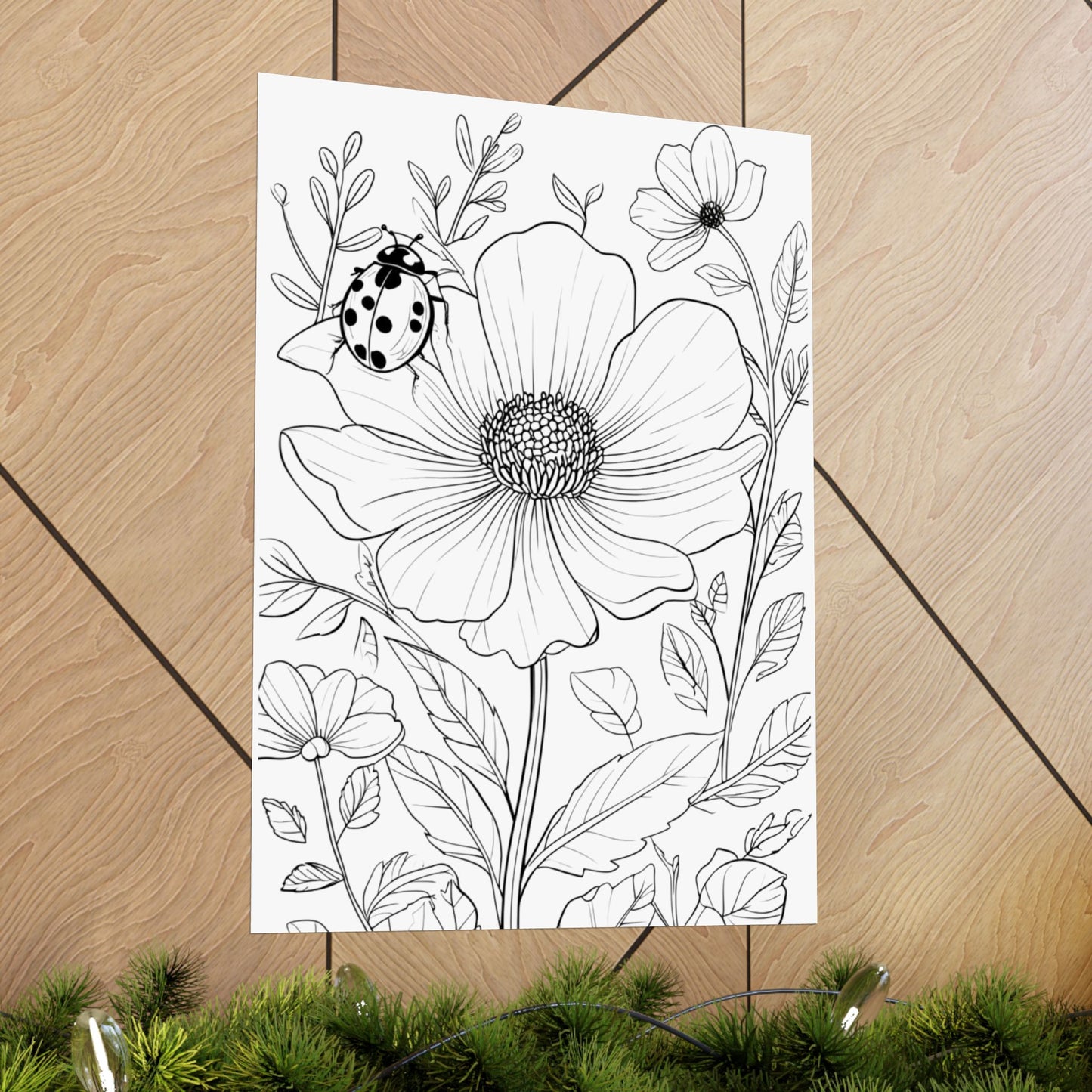 Botanical Ladybug Matte Poster — Floral Line Art Vertical Wall Print
