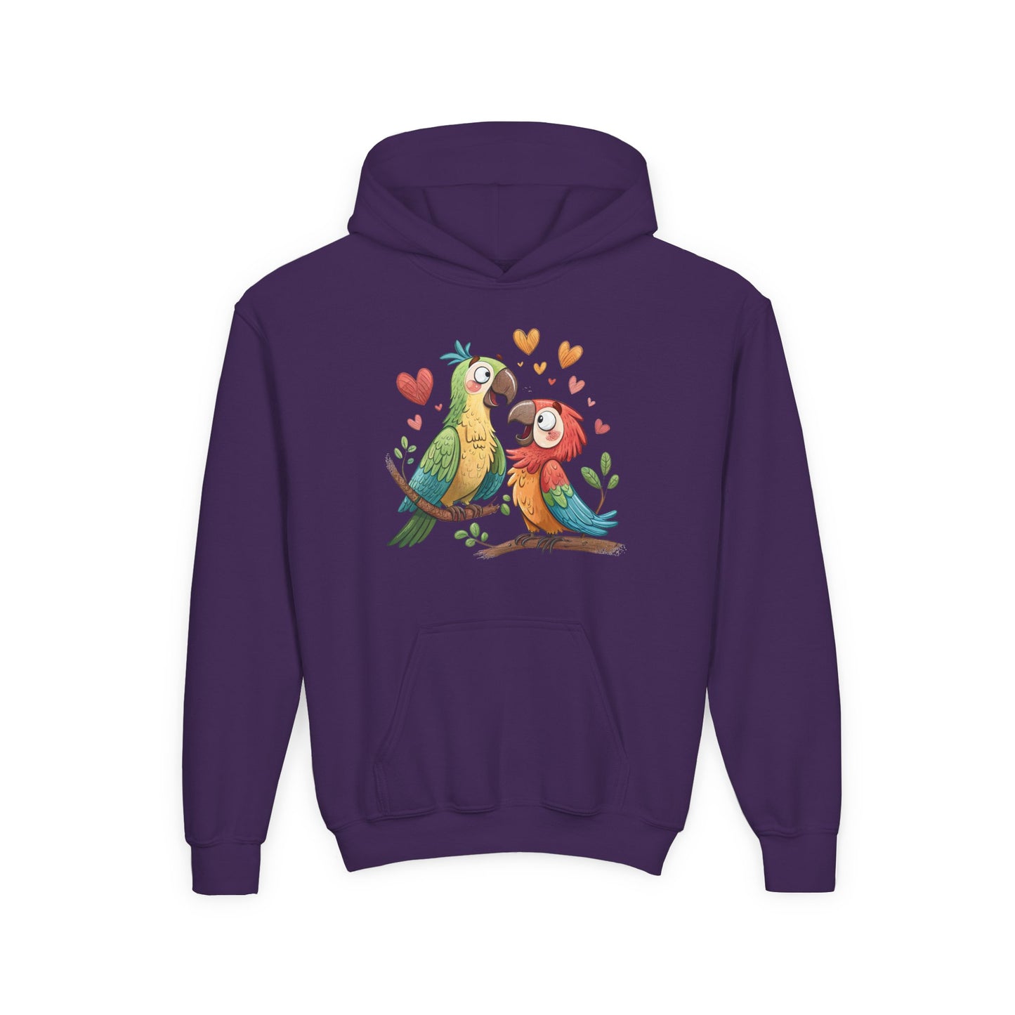 Youth Hoodie — Cute Parrot Couple Illustration (Hearts, Kids Pullover)