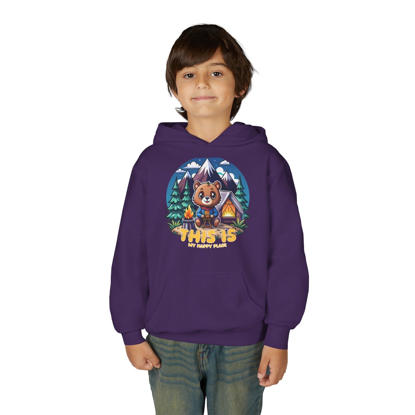 Youth Bear Camping Hoodie — "This is My Happy Place" Cozy Kid’s Outdoor Sweatshirt
