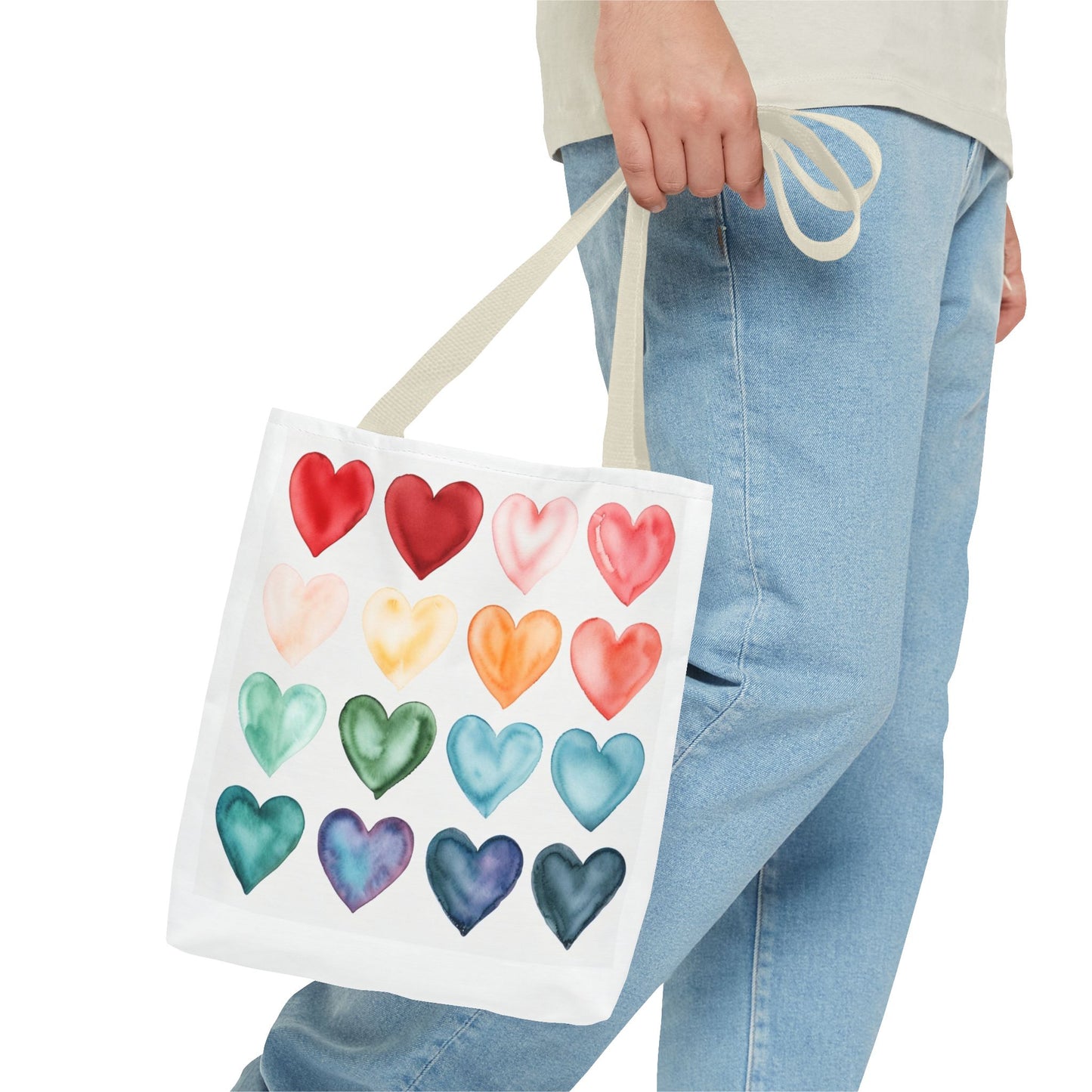Watercolor Rainbow Hearts Tote Bag — Colorful Heart Pattern Beach & Market Tote