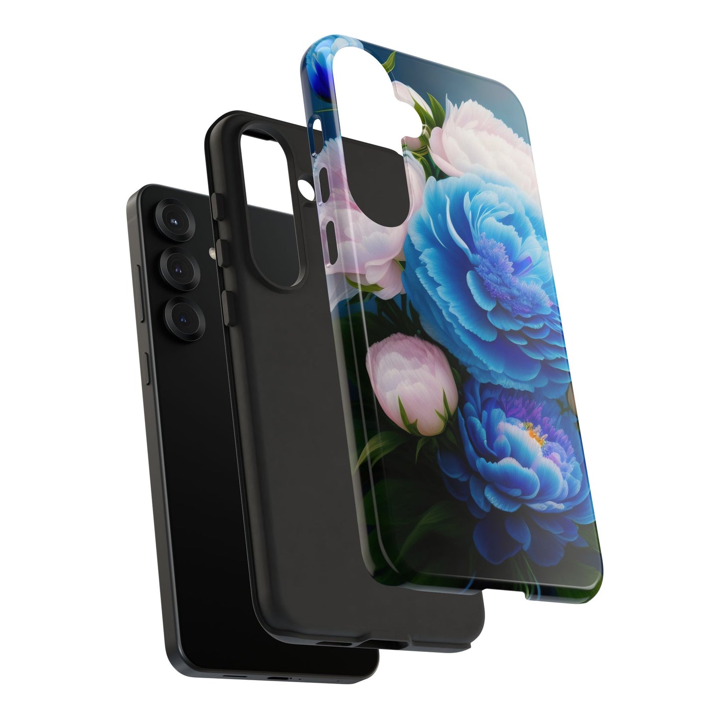 Floral Blue Peony Phone Case — Protective Tough Case with Pink & Blue Blooms