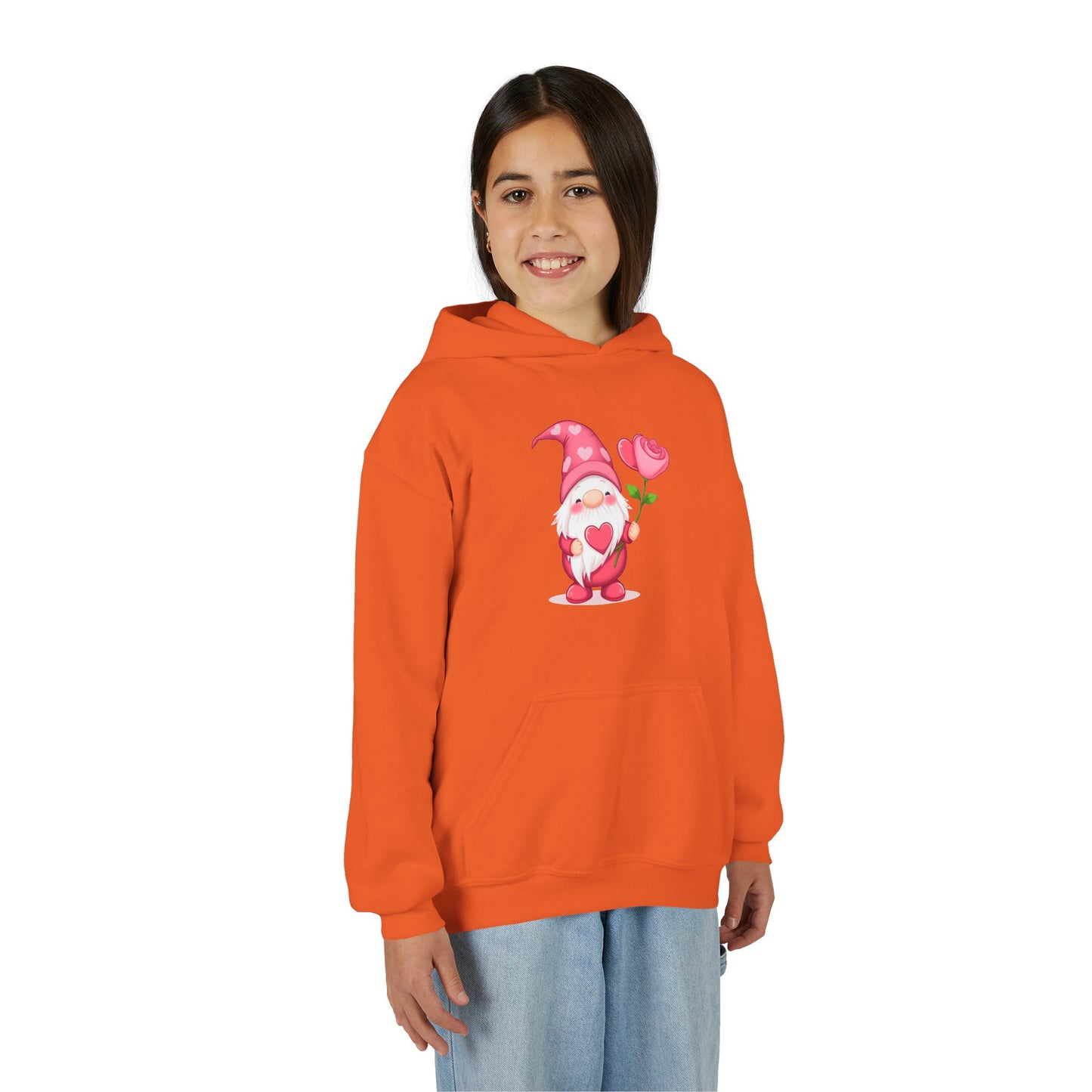 Valentine Gnome Kids Hoodie — Cute Pink Gnome Holding Rose Youth Sweatshirt