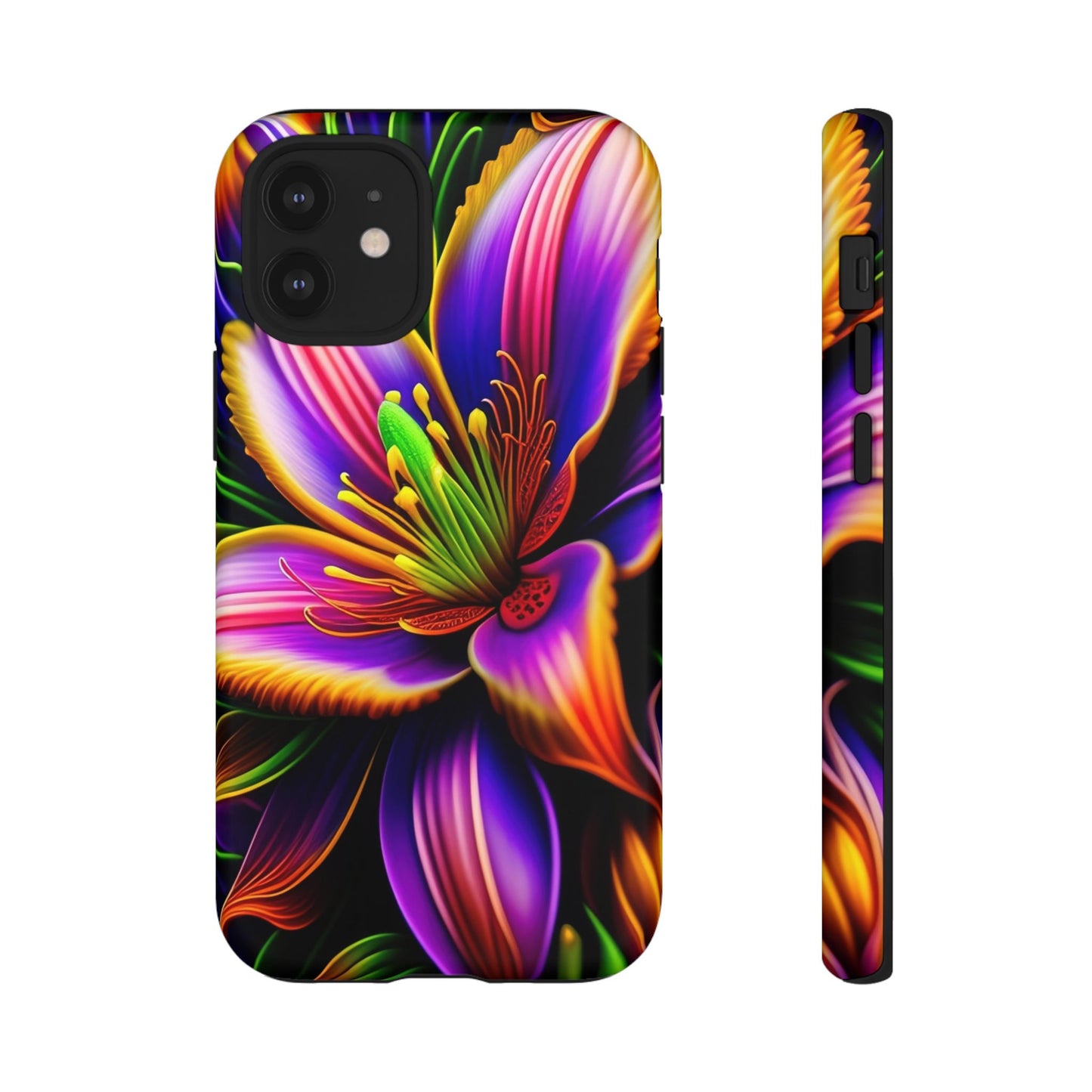 Floral Neon Tough Phone Case — Vivid Purple & Orange Lily Protective Cover