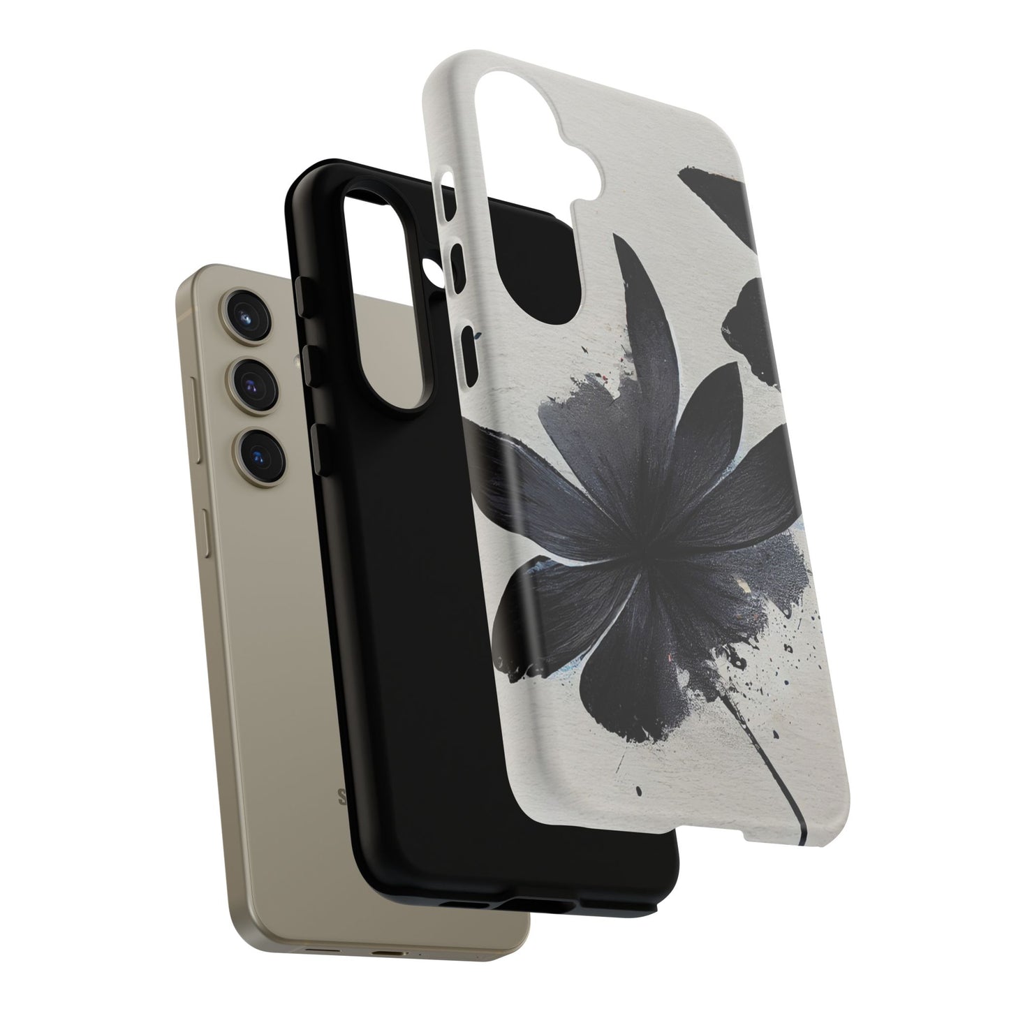 Monochrome Floral Tough Phone Case — Black Ink Flower Protective Cover